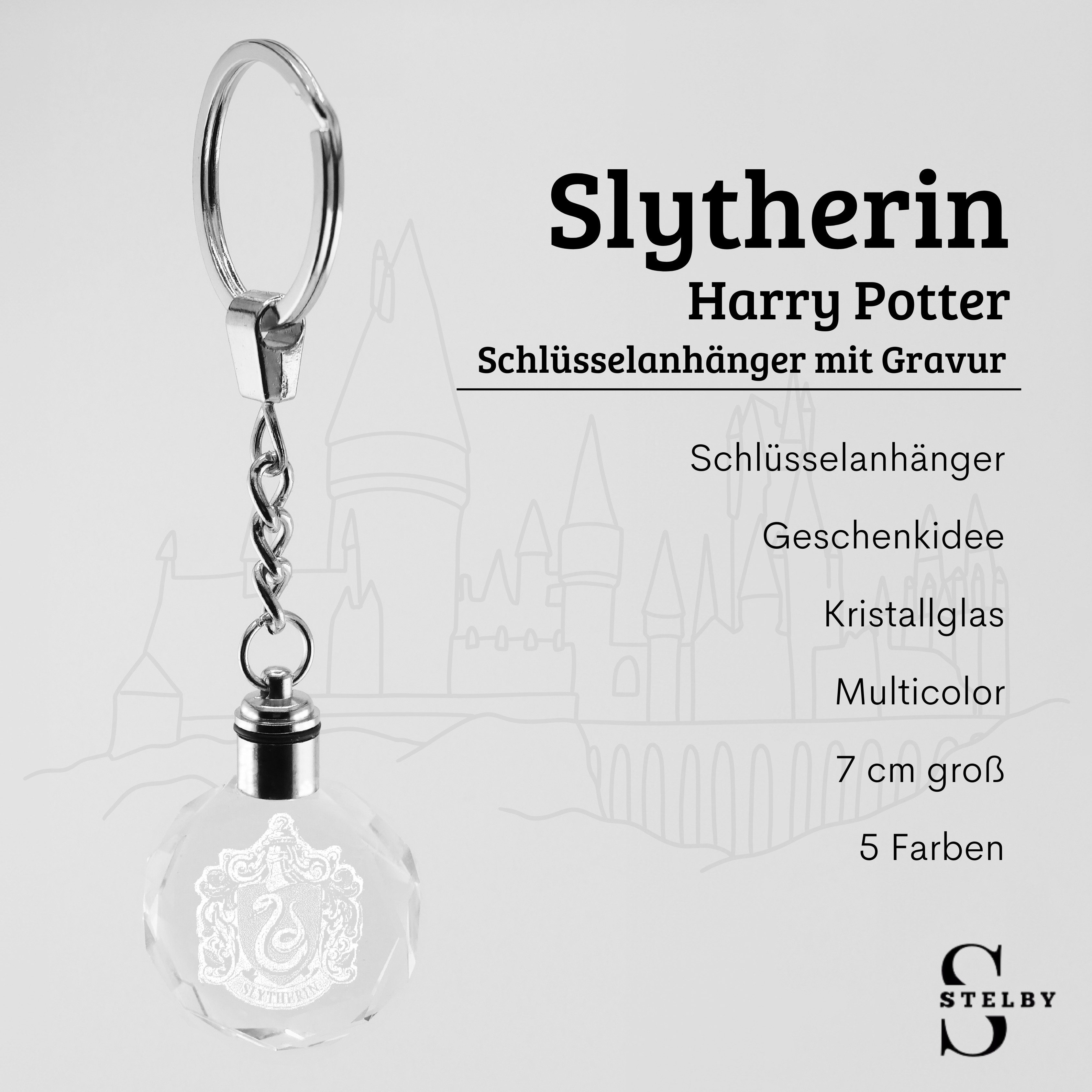 Stelby Schlüsselanhänger mit Gravur Harry Potter Slytherin Wappen Schlüsselanhänger LED (Perfekt für Geburtstage und Weihnachten, Robustes Glasmaterial, leuchtet in 5 Farben), Farbwechsel, langlebig, modernes Design