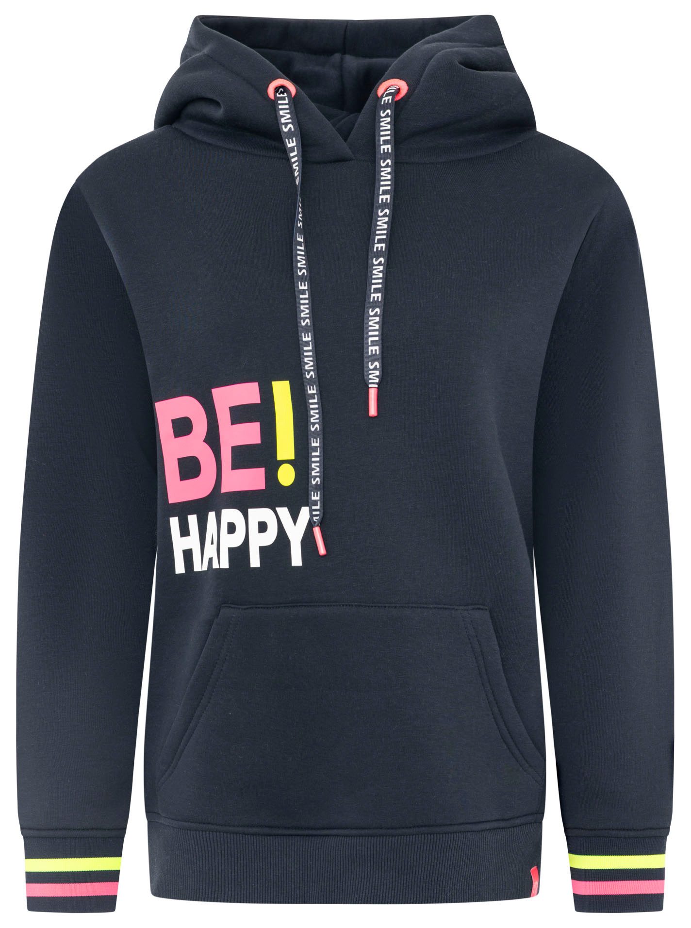 Zwillingsherz Hoodie "Be Happy!" gestreifte Bündchen, Aufdruck auf Brust, Kapuze, Kängurutasche – Bild 2 von 5