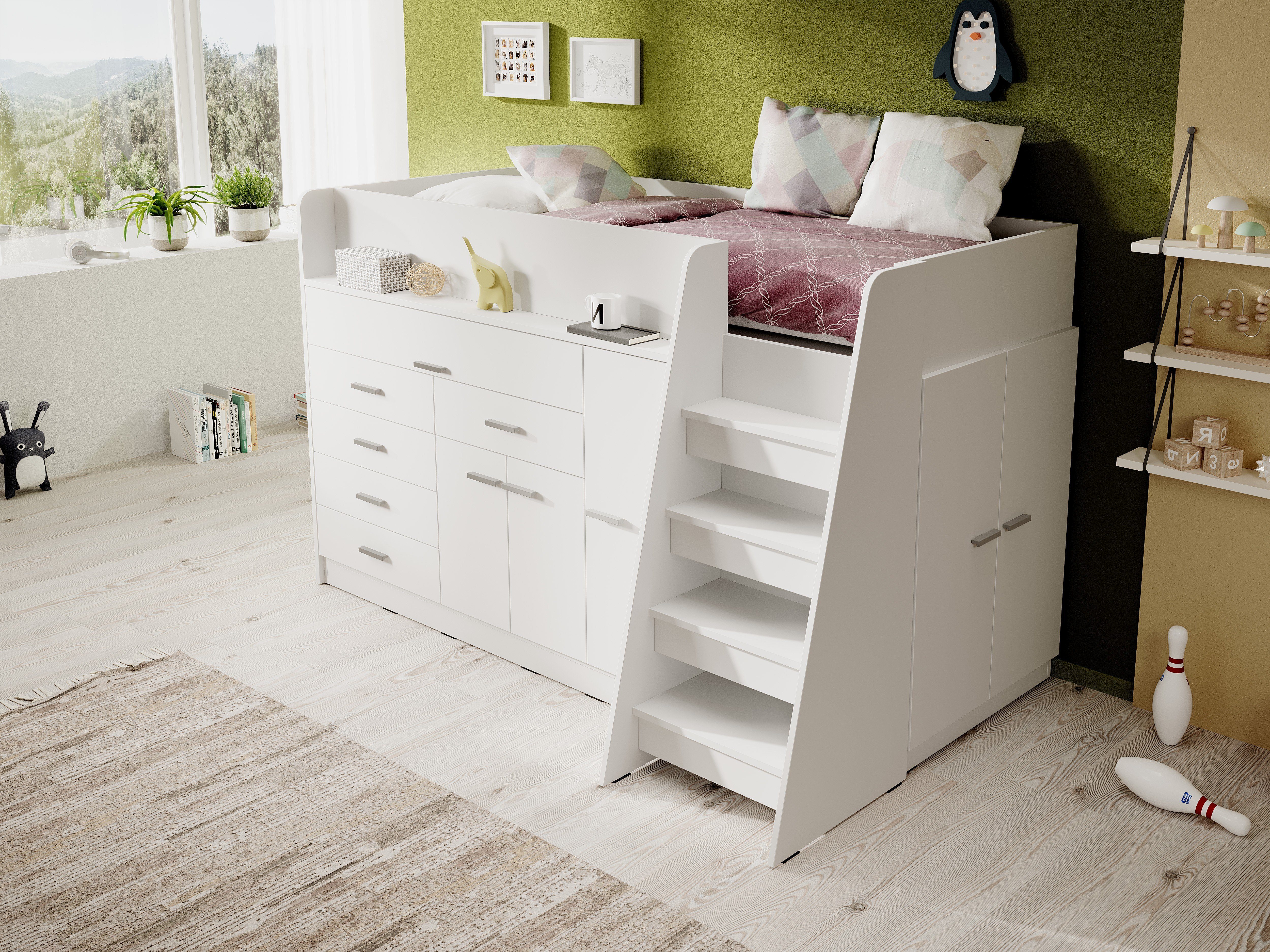 Möbel für Dich Hochbett Ingenio mit ausziehbarem Schreibtisch, Treppe und viel Stauraum mit Lattenrost Fronten weiß
