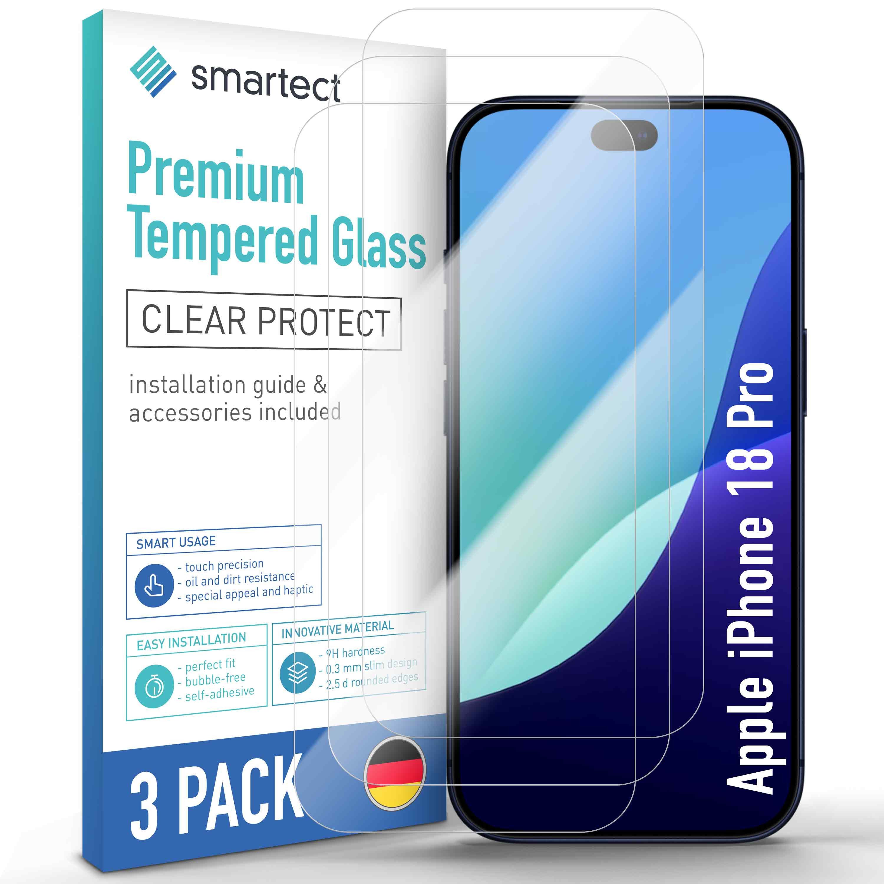 smartect Displayschutzglas 3X Schutzglas Panzerfolie Klar für Apple iPhone 18 Pro für Apple iPhone 18 Pro, Set, 3 Stück, 0.3 mm Ultra-klar, 9H Härte, Kratzfest, Stoßfest, Blasenfrei, Oleophob