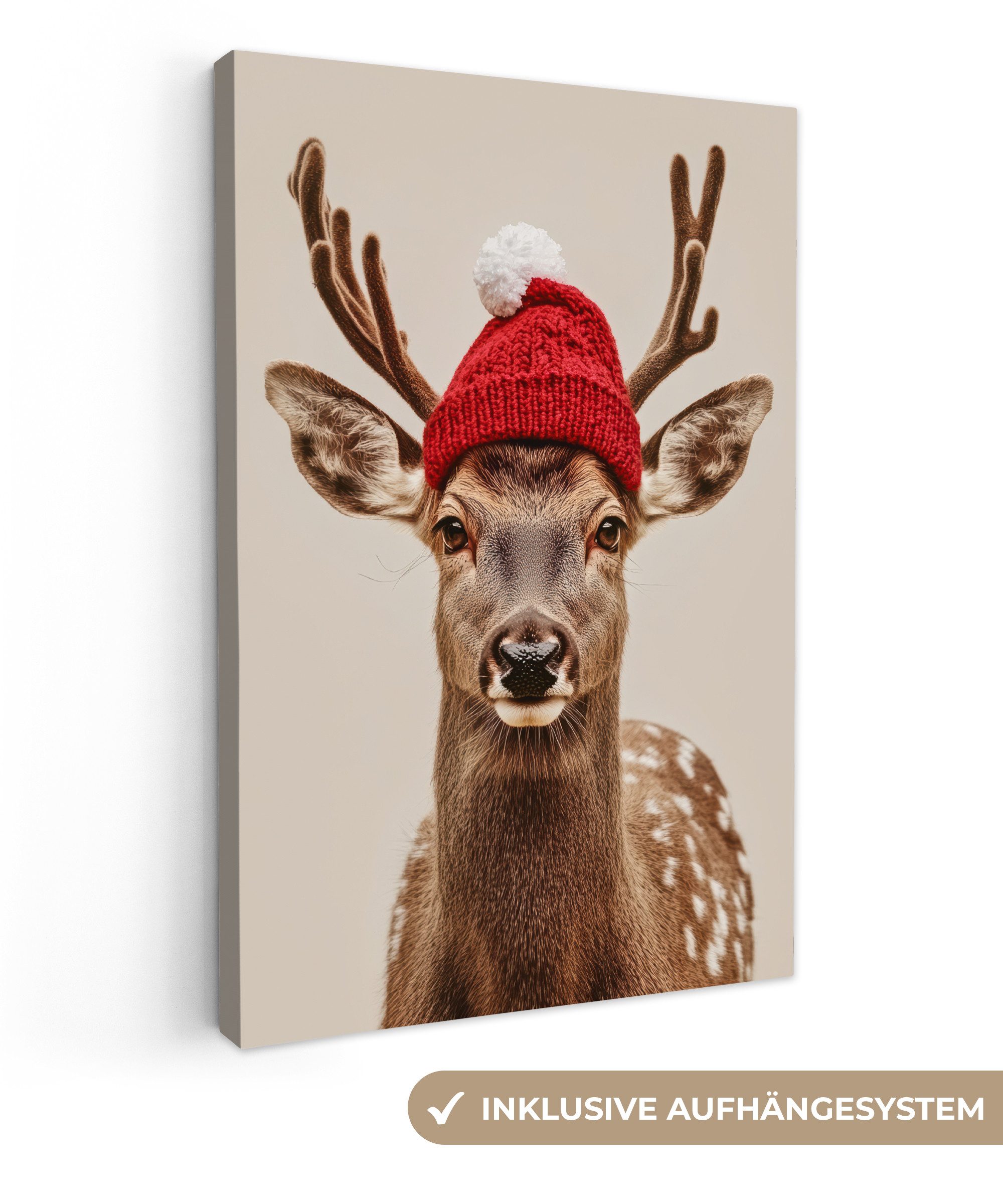 OneMillionCanvasses® Leinwandbild Hirsch - Weihnachten - Hut - Tiere - Winter - Lustig, Fotodruck (1 St), Leinwand Canvas Wandbild, Wanddekoration 20x30 cm