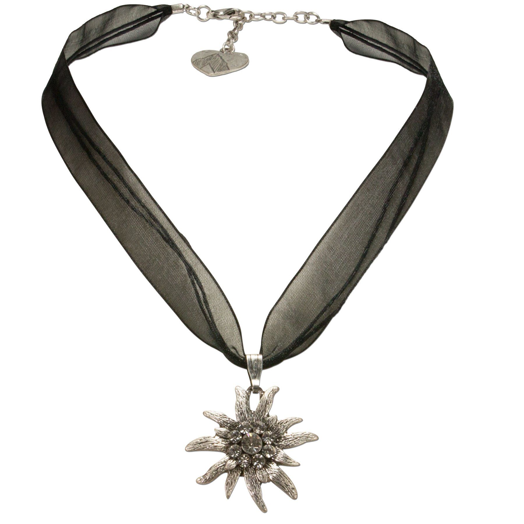 Alpenflüstern Ketten-Set Trachtenschmuck-Set Organza-Trachtenkette und Ohrhänger Strass-Edelweiß (schwarz), - Damen-Trachten-Schmuck, Trachtenset Dirndl-Kette und Trachten-Ohrringe