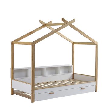 Gotagee Hausbett Hausbett Kinderbett mit Fächern Regale Einzelbett Holzbett 90x200cm