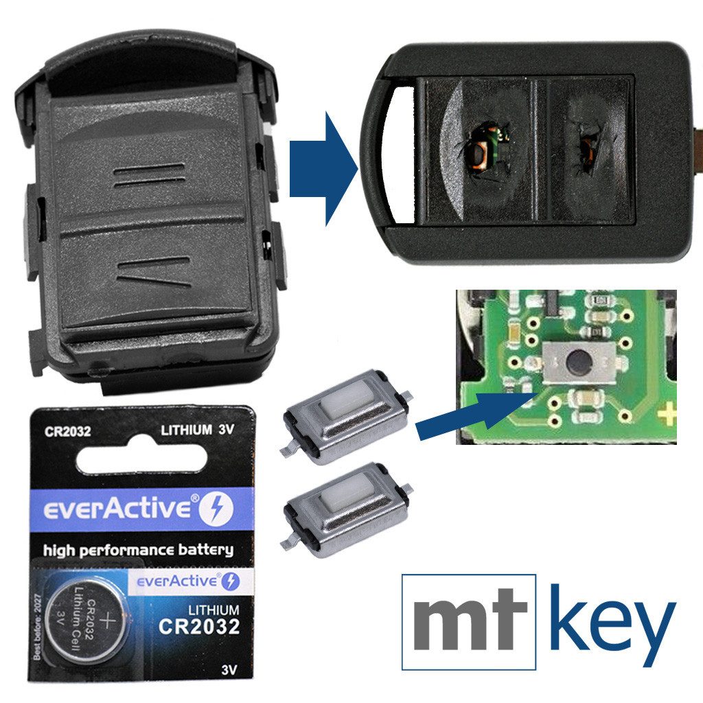 mt-key Auto Schlüssel Ersatz Gehäuse Set + 2X Mikrotaster + passende CR2032 Knopfzelle, CR2032 (3 V), für OPEL Tigra B Twin Top Corsa C Meriva A Funk Fernbedienung