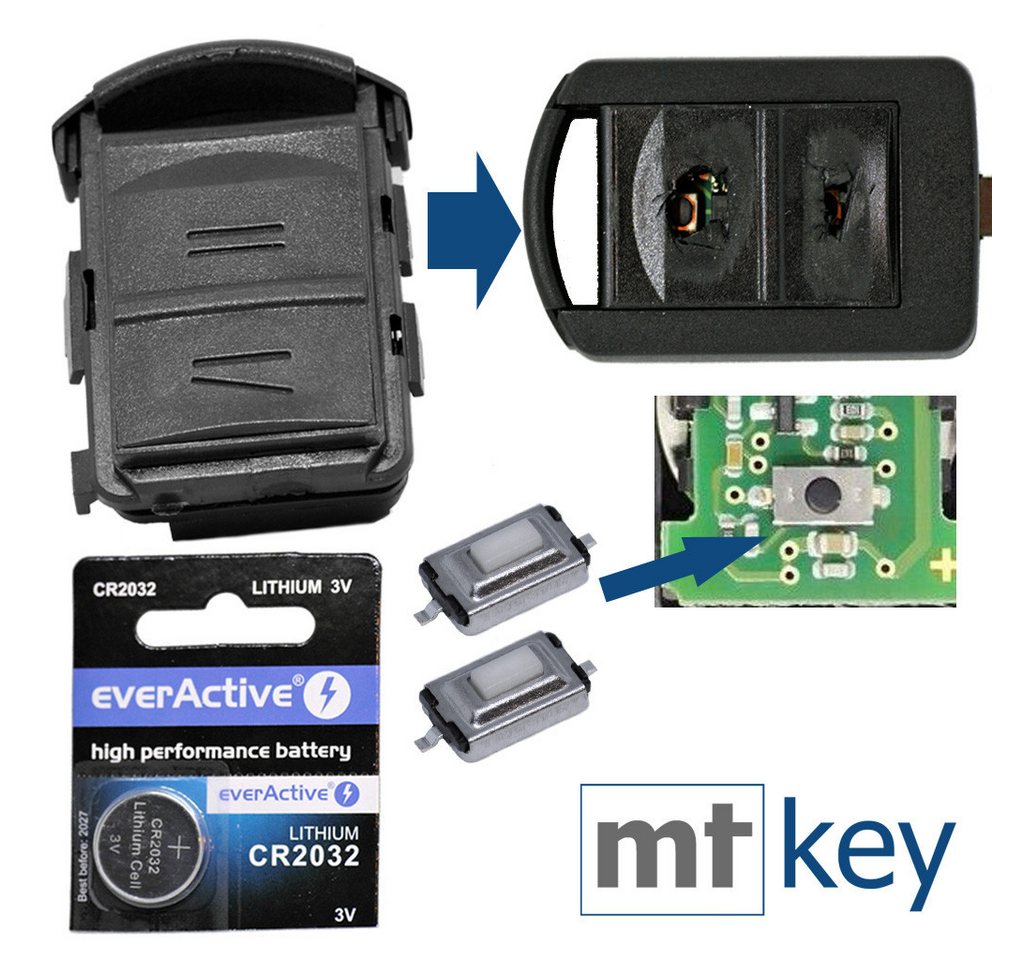mt-key Auto Schlüssel Ersatz Gehäuse Set + 2X Mikrotaster + passende CR2032 Knopfzelle, CR2032 (3 V), für OPEL Tigra B Twin Top Corsa C Meriva A Funk Fernbedienung