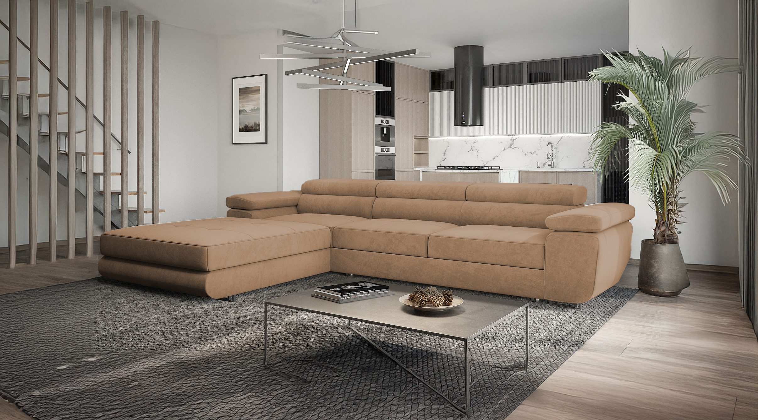 Goldstoff Ecksofa mit Schlaffunktion und Bettkasten, günstig online kaufen