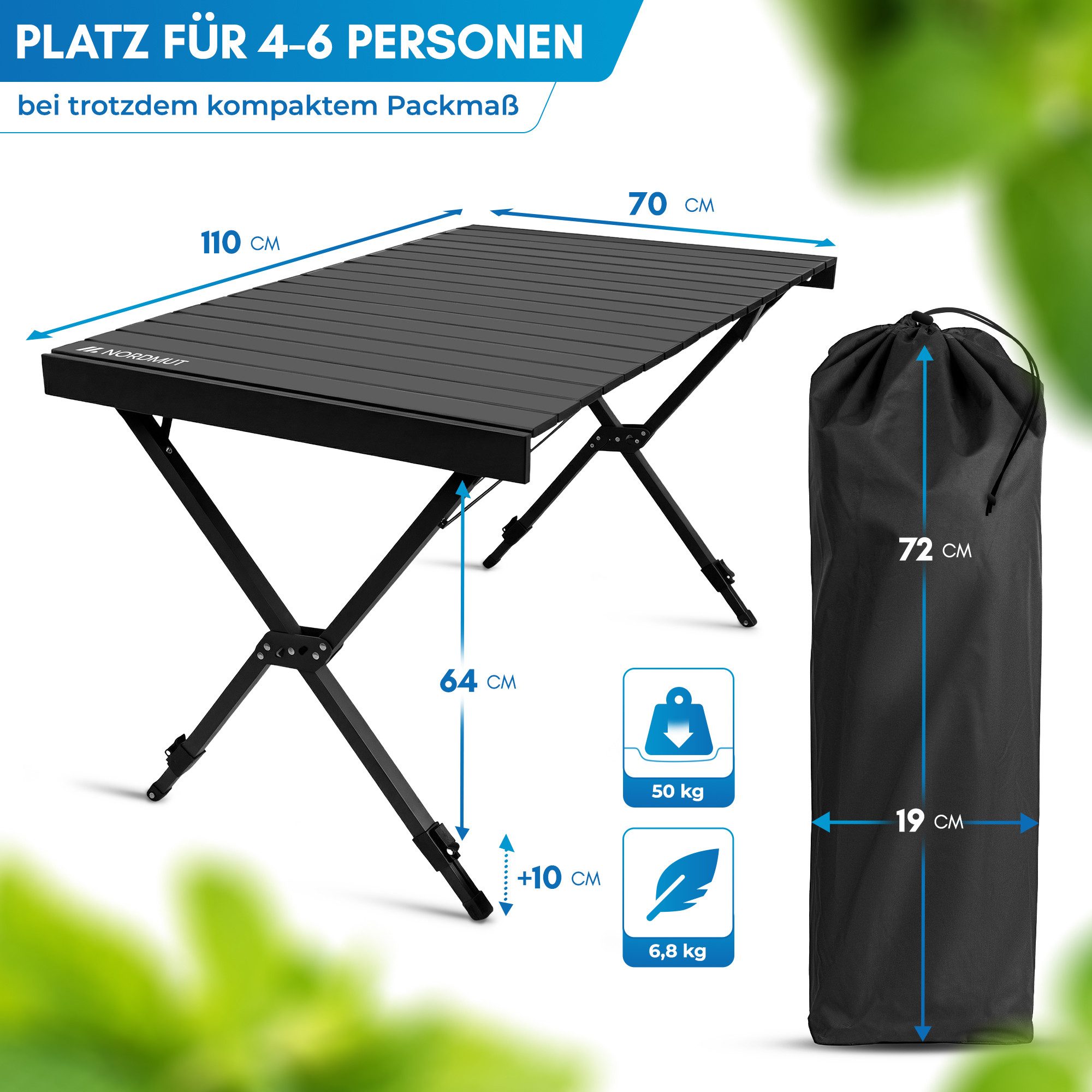Nordmut Campingtisch Outdoor Tisch klappbar 110x70 cm höhenverstellbar Aluminium (kratzfeste Tischplatte für Camping Garten Balkon & Festival), wetterfester Kla – Bild 2 von 5