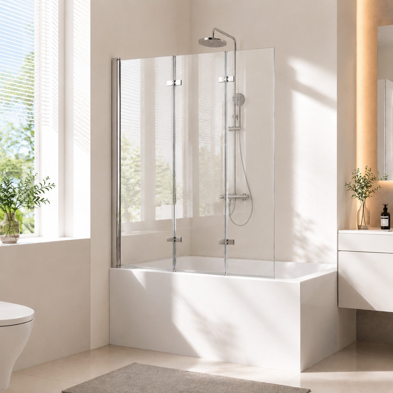 MEYKOERS Badewannenaufsatz 3-teilig Faltbar Duschwand für Badewanne mit Spritzwasserschutz, Sicherheitsglas, (120 x 140 cm, 130 x140 cm), Aluminium Wandprofil Chrom, Einscheibensicherheitsglas, Wasserdicht