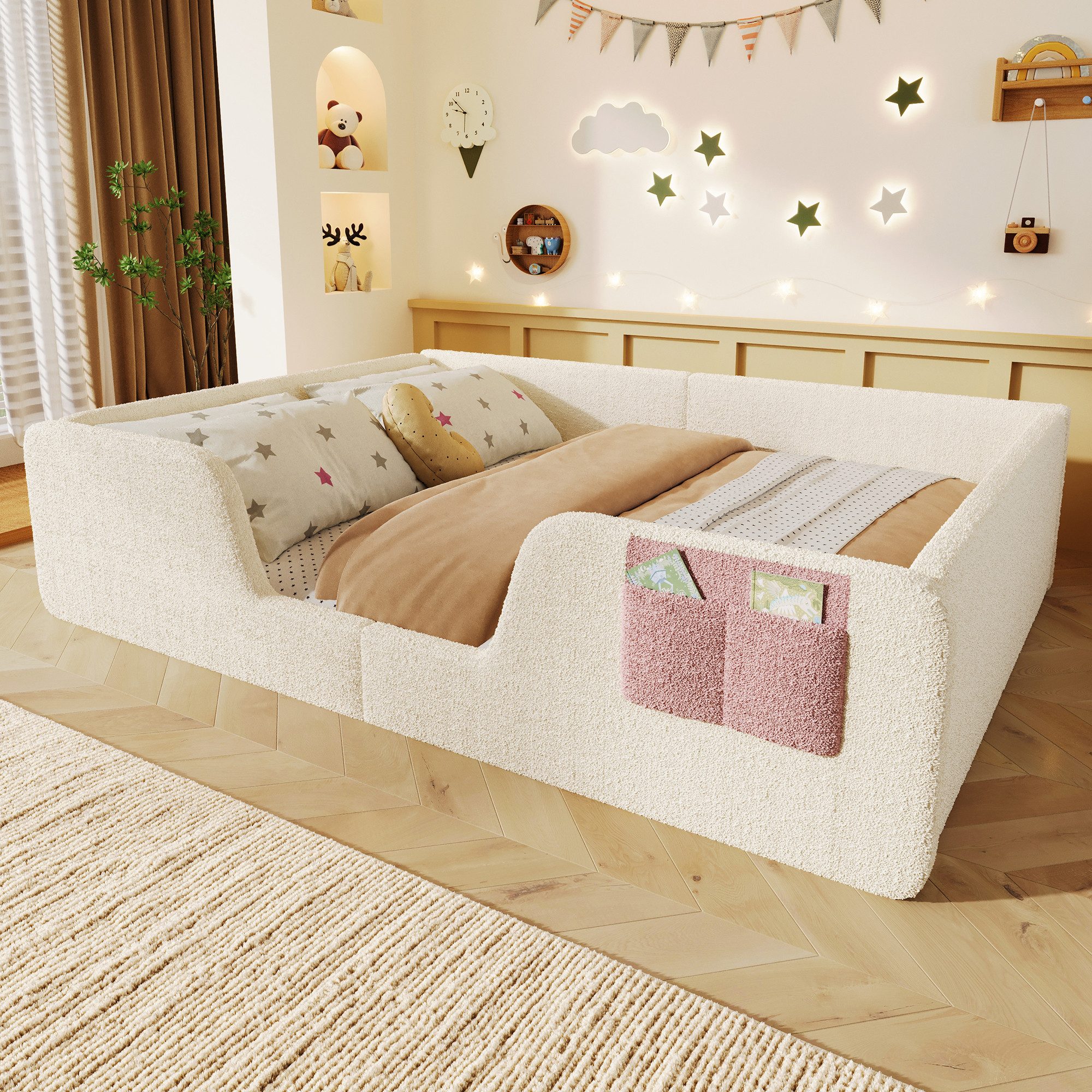 Merax Polsterbett 140x190cm mit abnehmbarer Sicherheitsleiste (Jugendbett Babybett Einzelbett, 1-tlg), Bodenbett Kinderbett mit Aufbewahrungstasche & Lattenrost, Samtbezug