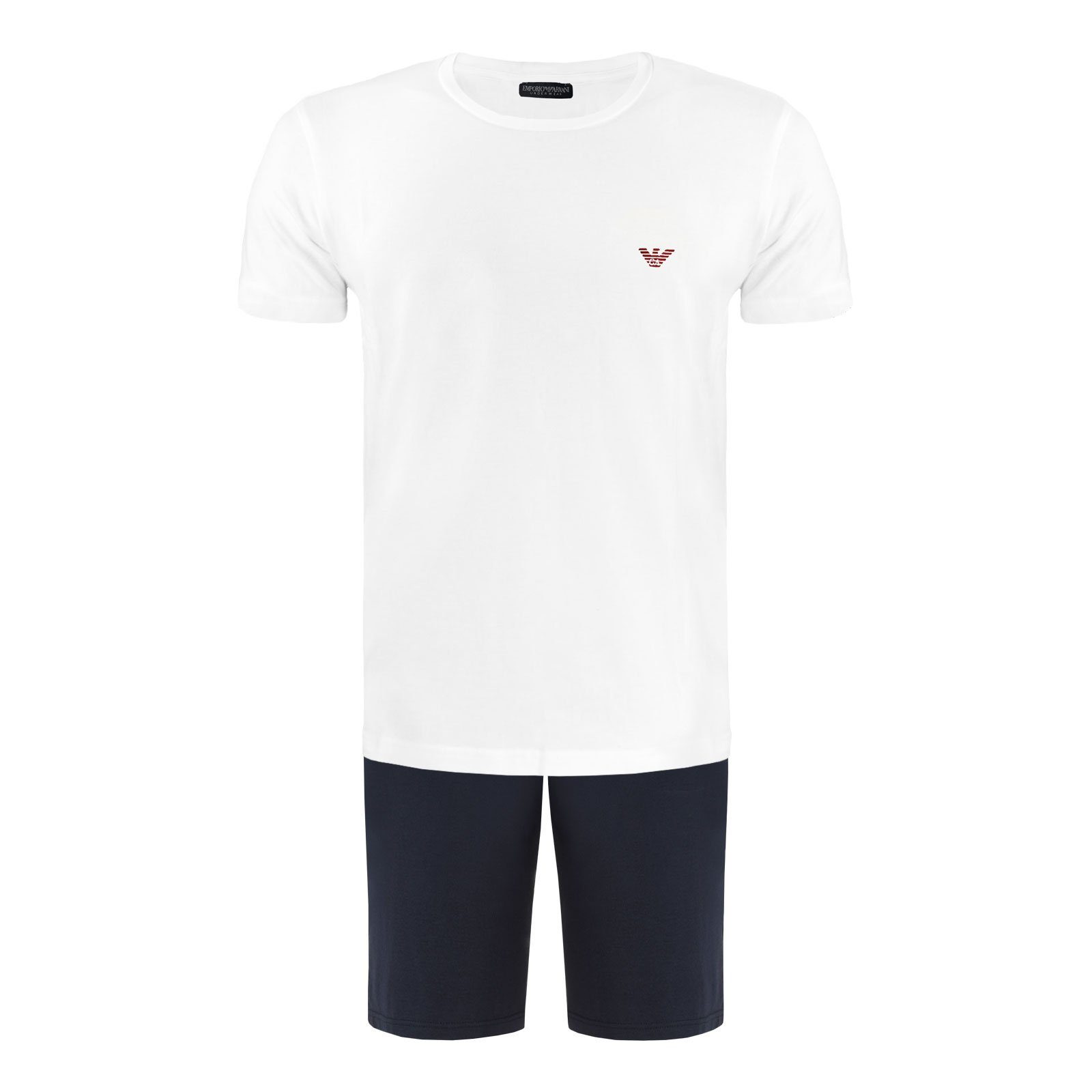 Emporio Armani der mit Pyjama-Set / Brust Short Schlafanzug Markenlogo (2 Stretch navy blue Cotton 10410 white auf tlg)