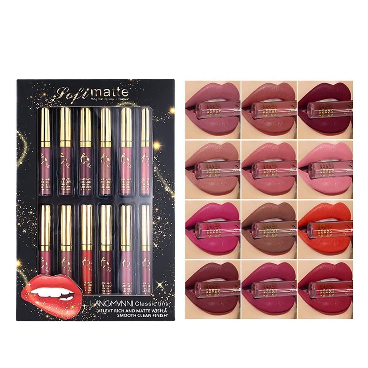 POCHUMIDUU Lippenstift-Set 12-teiliges Lippenstift-Set,flüssiger Lipgloss, samtiger Lippenstift