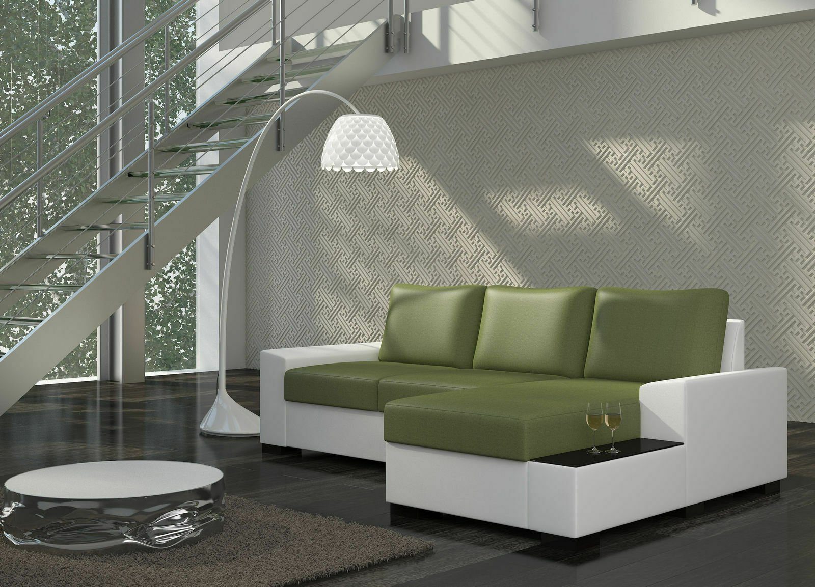 JVmoebel Ecksofa Design Ecksofa Schlafsofa Bettfunktion Sofa Couch Leder Polster, Mit Bettfunktion Grün / Weiß