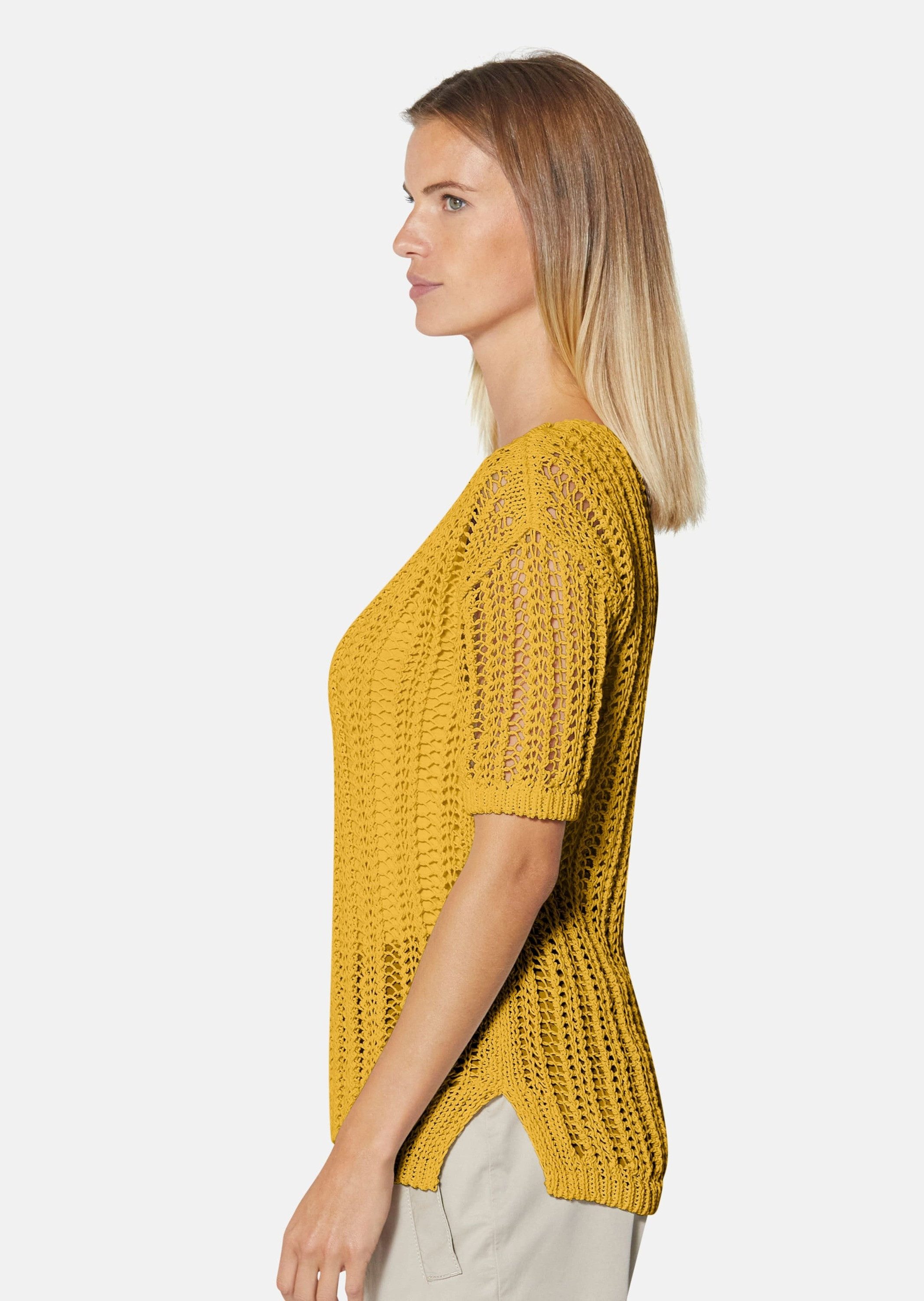 MADELEINE Strickpullover Luftiger Sommerpullover mit Ajour-Muster Baumwollshirt mit Seitenschlitzen, Rundhals und Halbarm