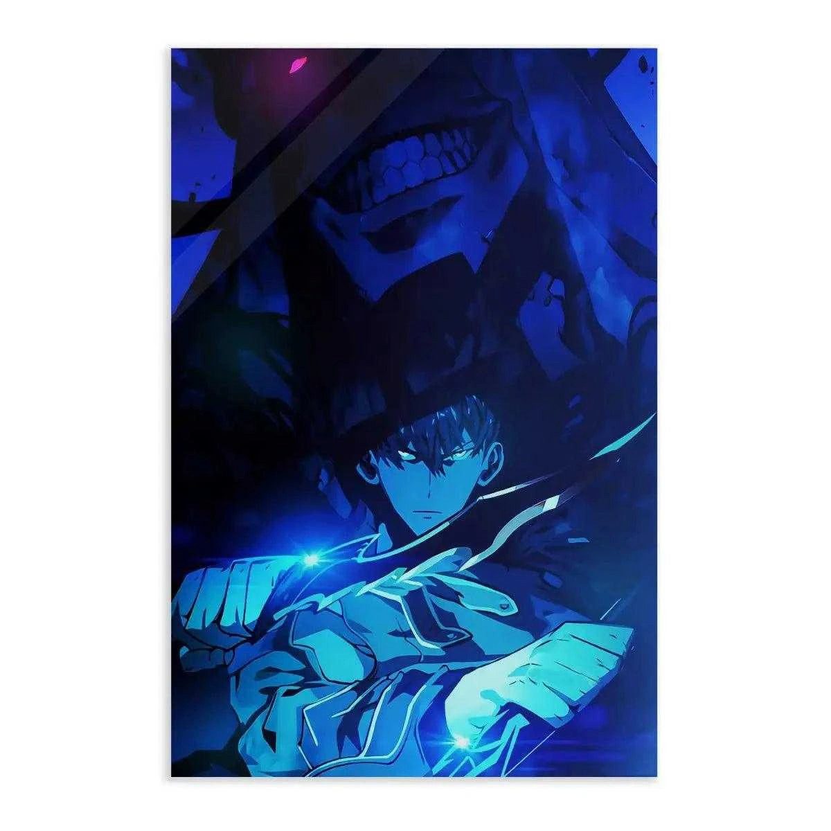 SimpleCanvas Wandbild Sung Jinwoo Blue - Solo Leveling - Anime Leinwandbild, Wandbild Solo Leveling, Sung Jinwoo, Kampf