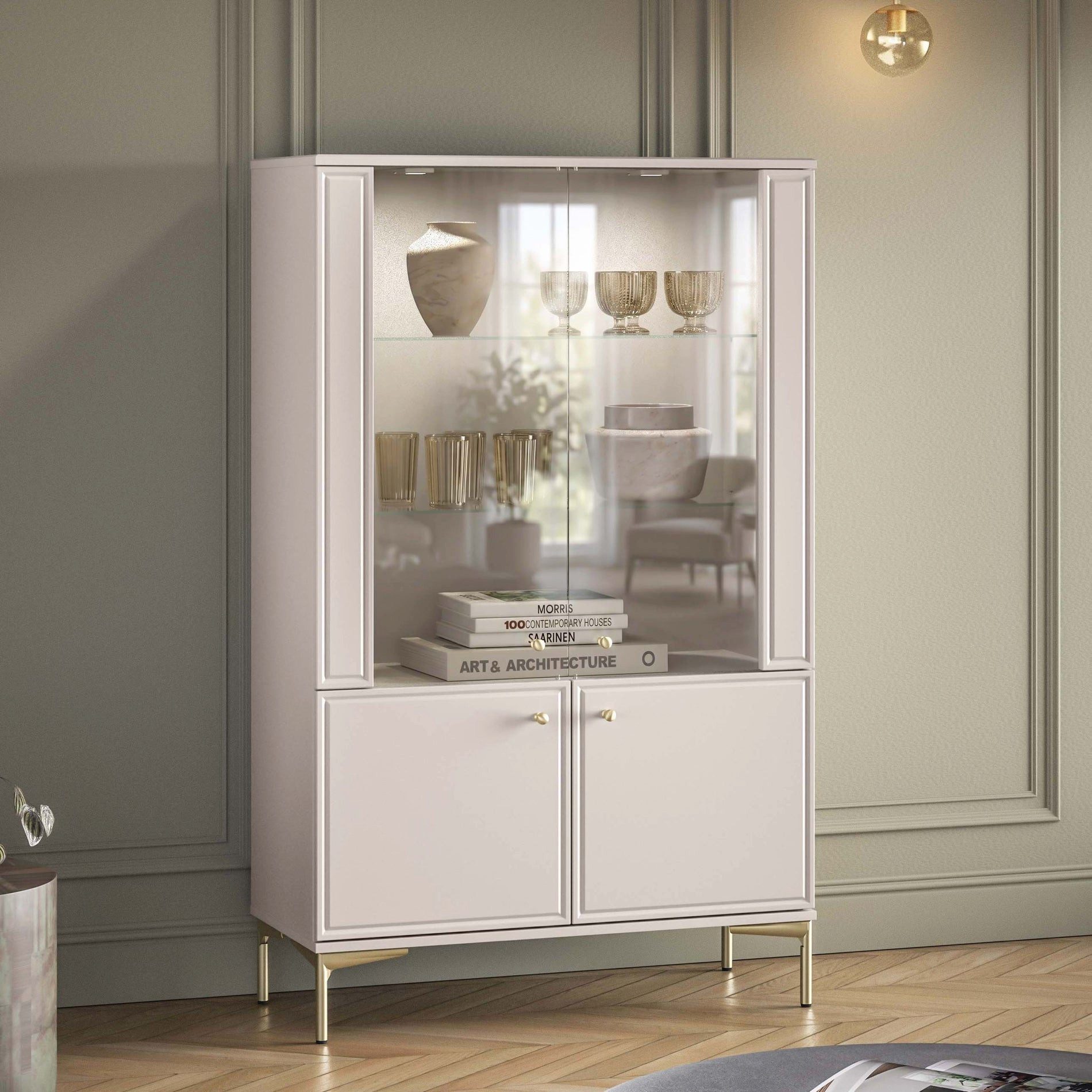 Selsey Standvitrine SANDRO Vitrine Sandro, 4 Türen, LED, 92 cm, Kaschmir