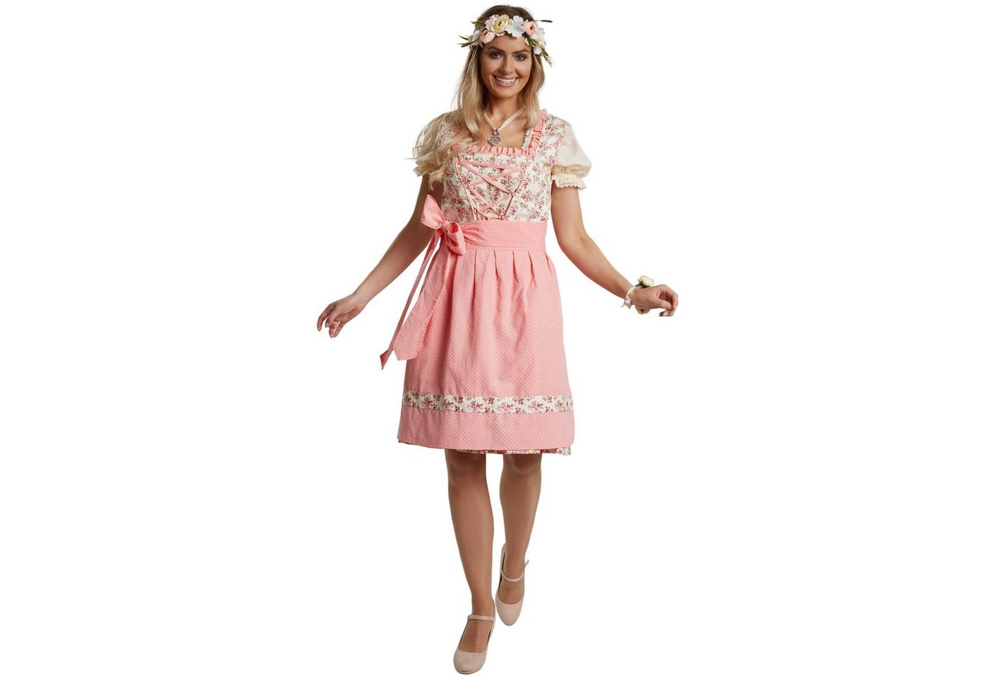 dressforfun Dirndl Mini-Dirndl, tailliert, kurz, Blumenmuster, Reißverschluss hinten (Trachtenkleid, Konfektionsgröße S, rosa) Schöne Schnürung vorn, Rüschen-Ausschnitt, optisch abgestimmte Schürze