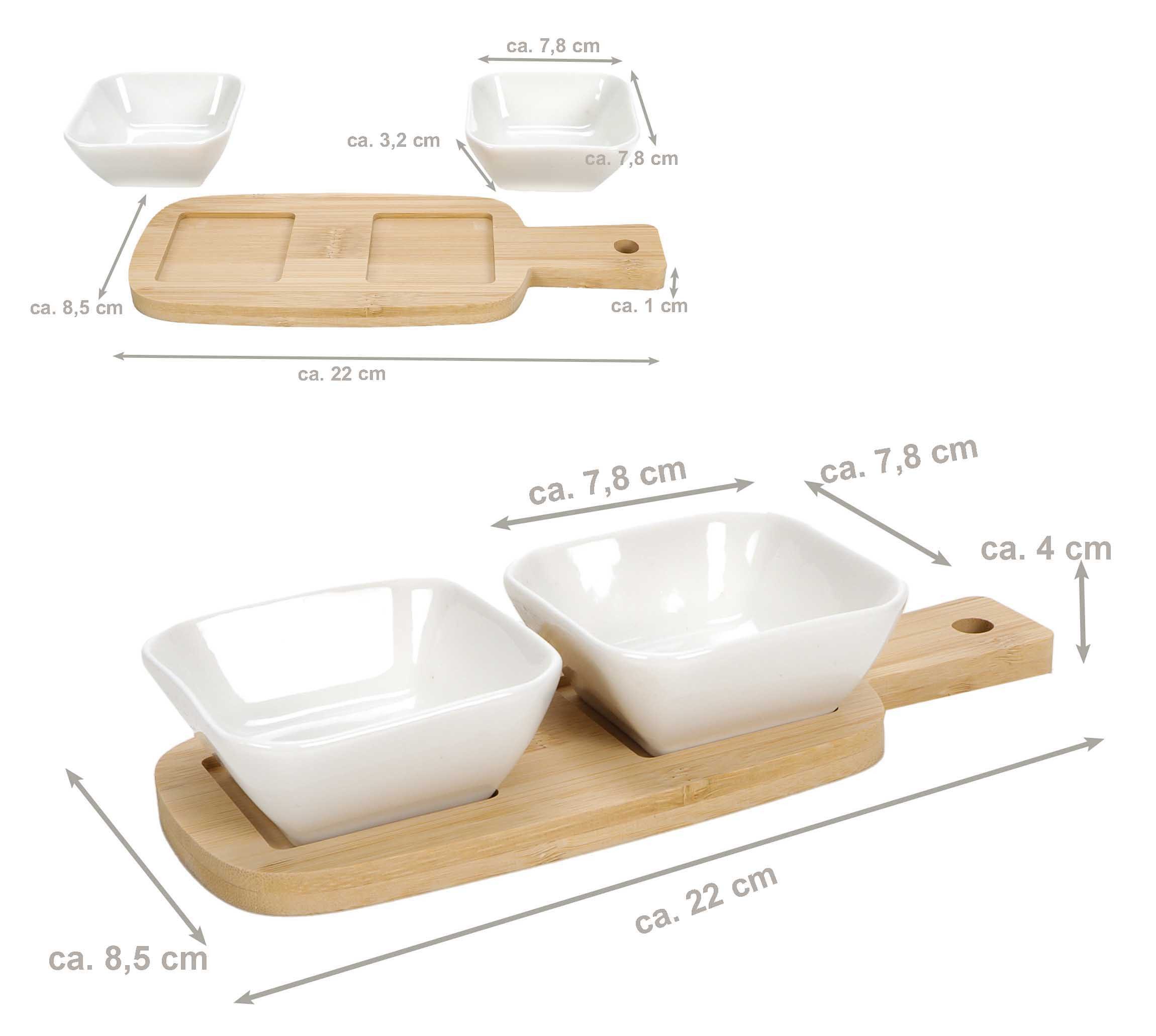 Bubble-Store Tapas-Schale 3-tlg. Tapas-Set, Keramik, Bambus, (2 Keramik-Schalen, 1 Bambustablett, 3-tlg), Tapas Schälchen aus Keramik mit Bambus Servierbrett