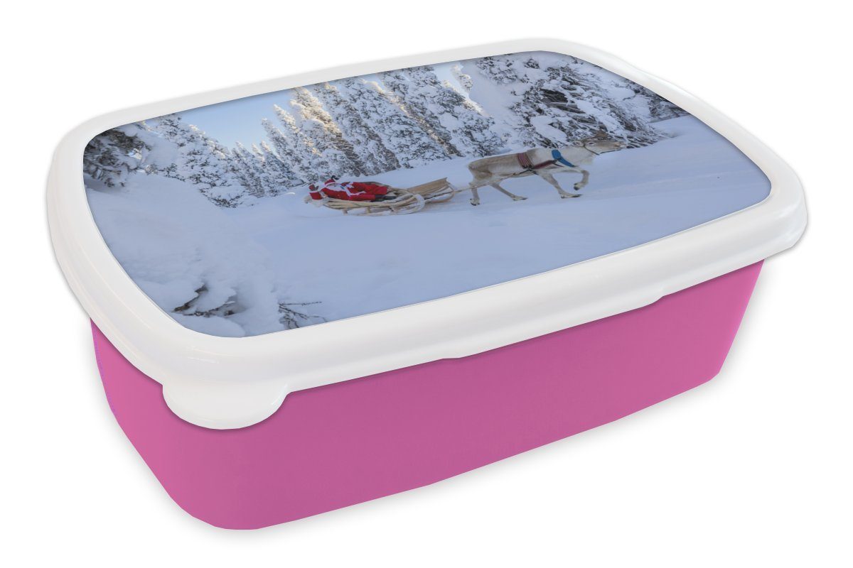 MuchoWow Lunchbox Der Weihnachtsmann auf einem Rentierschlitten, Kunststoff, (2-tlg), Brotbox für Erwachsene, Brotdose Kinder, Snackbox, Mädchen, Kunststoff rosa