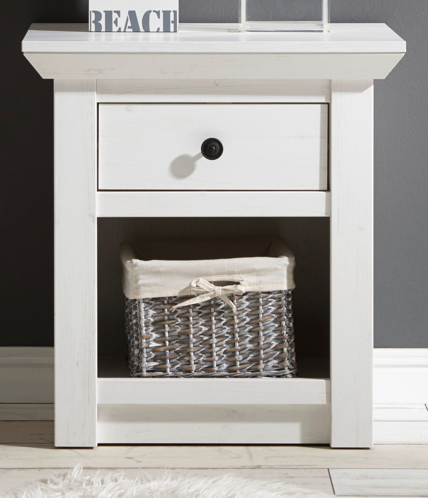 Furn.Design Nachtkommode Hooge (Nachttisch im Dekor Pinie weiß gekälkt, 59 x 62 cm), mit Schublade Komforthöhe