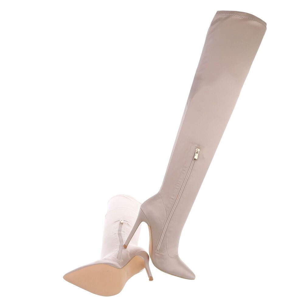Ital-Design Damen Abendschuhe Party & Clubwear Overkneestiefel (81809695) Pfennig-/Stilettoabsatz High-Heel Stiefel in Beige
