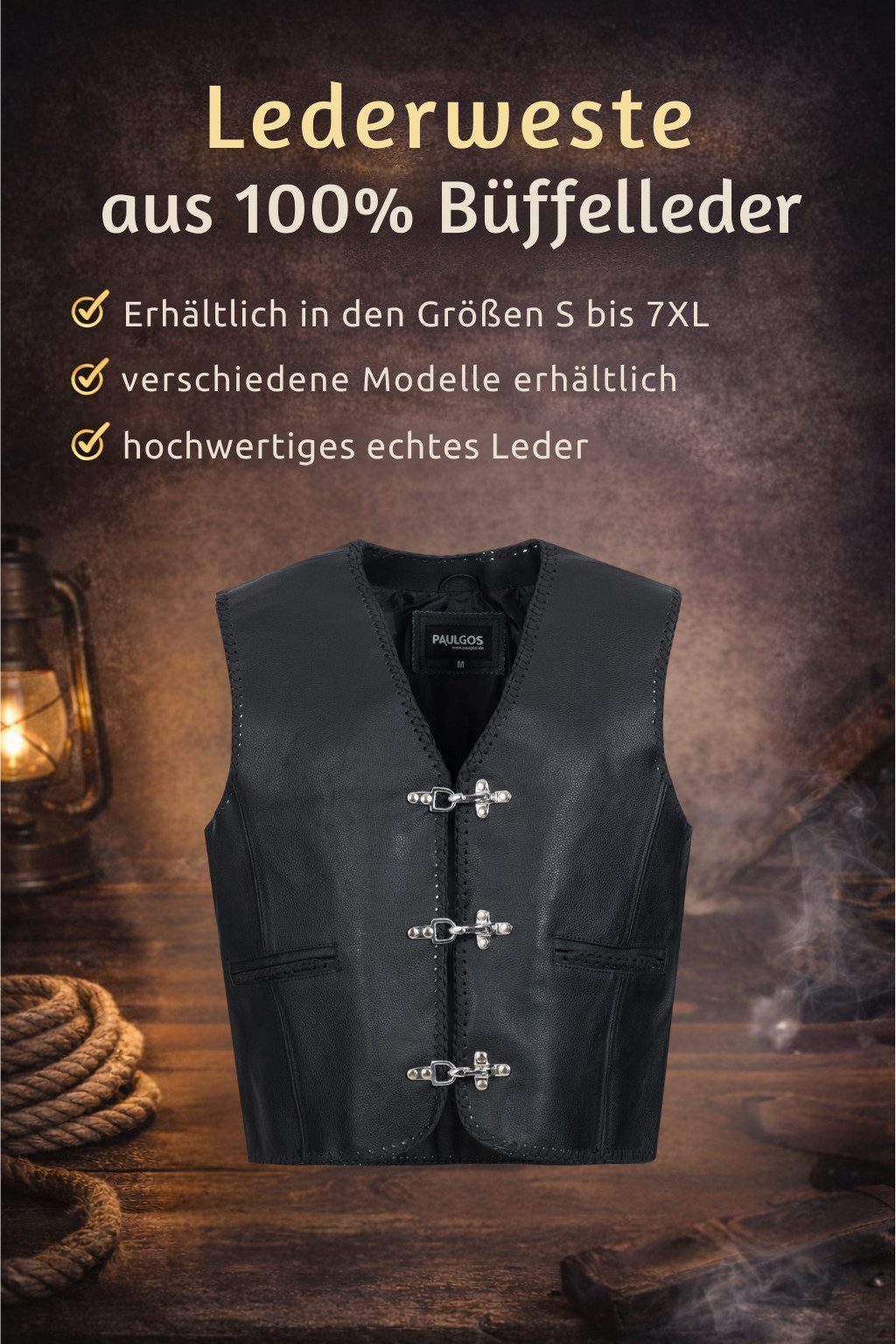 PAULGOS Motorradweste Lederweste Biker Kutte Clubweste Chopper Weste 100% Echtleder - BW1