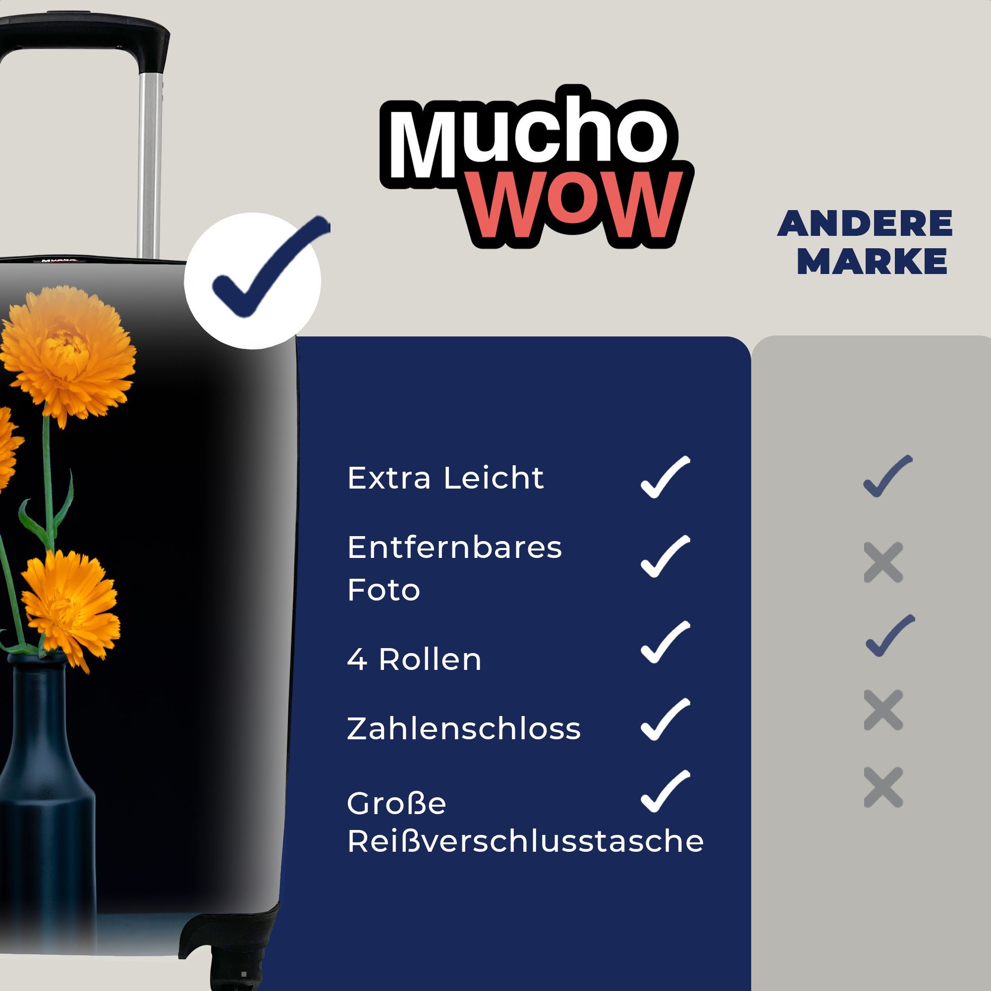 für Rollen, Handgepäckkoffer - Reisekoffer Vase Reisetasche Orange, - Trolley, 4 Ferien, mit MuchoWow Blumen Handgepäck rollen,