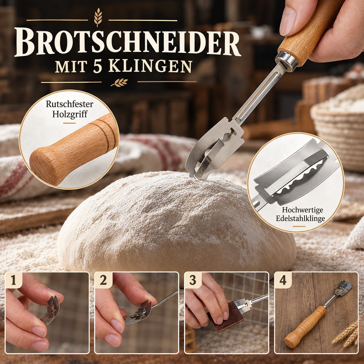 GLIESE POWER Gärkorb -Set 13-teilig oval – mit Leinen-Einlage, Teigschaber & Messer, (13-tlg), 13-teilig, Rattan, Leinen-Einlage, Messer – für perfektes Brot. – Bild 5 von 5