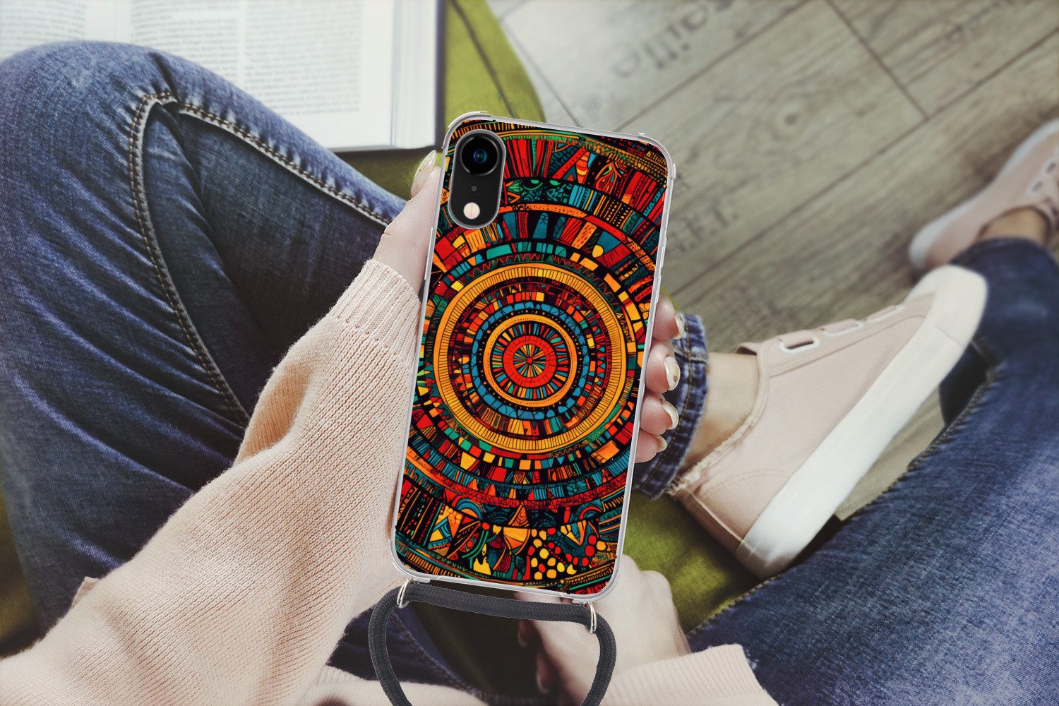MuchoWow Handyhülle für Apple iPhone XR Mandala - Kreise - Muster, Tragbare Handyhüllen mit Kette zum umhängen, Handykette Handyband