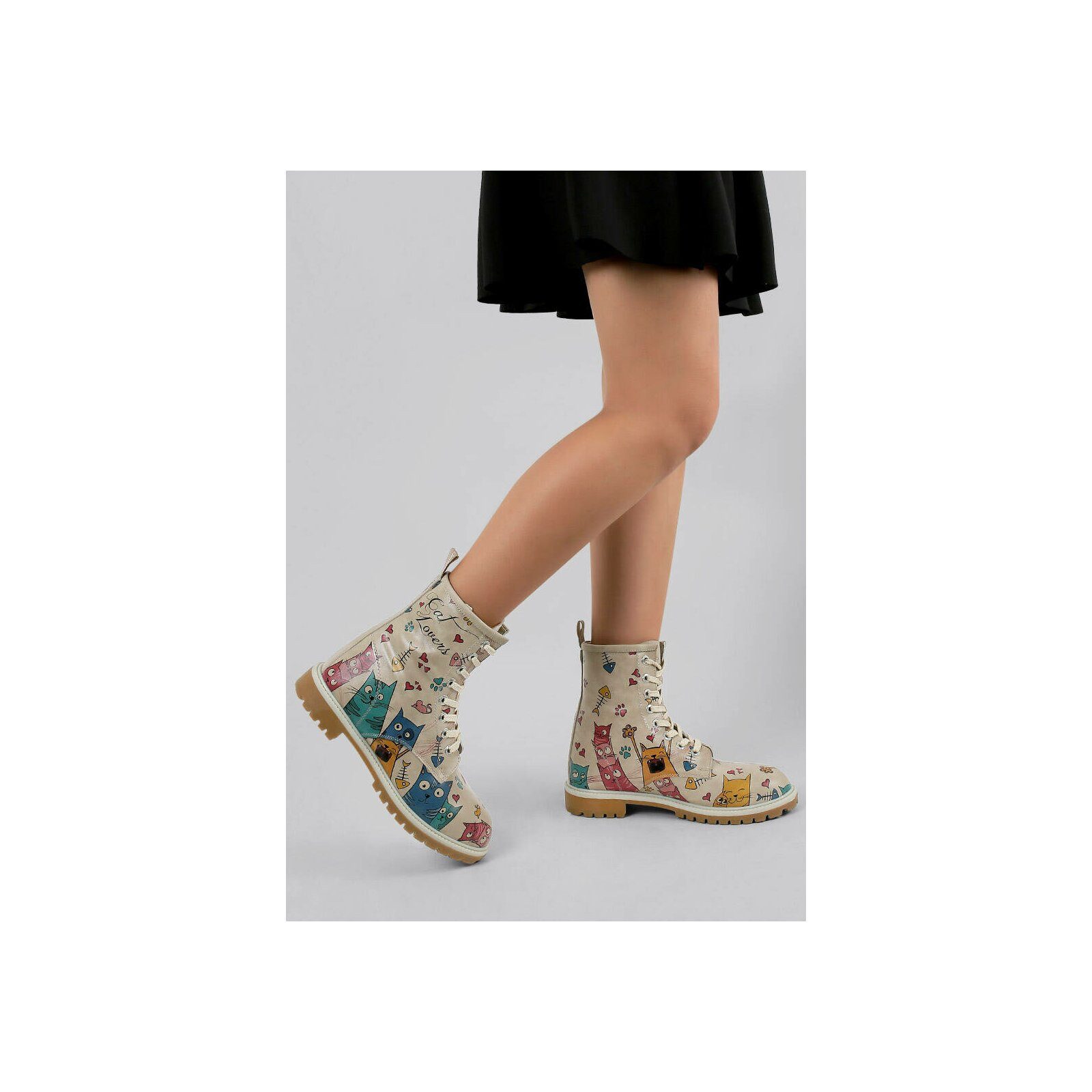 DOGO Long Boots Schnürstiefel Cat Lovers Damen Stiefeletten, Longe Schnürboots Handgefertigt