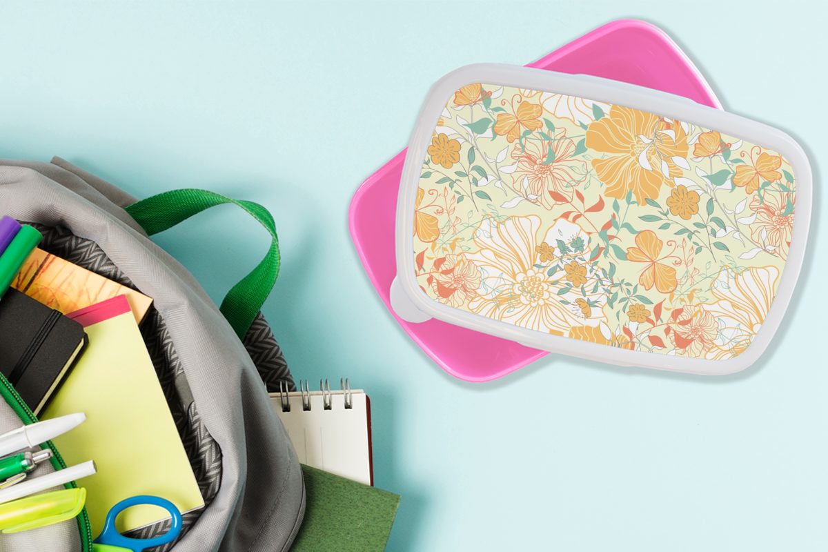 MuchoWow Snackbox, - rosa Kunststoff, Lunchbox Kunststoff - Brotbox Kinder, Schmetterlinge, Mädchen, Erwachsene, Blumen Muster Brotdose für (2-tlg),
