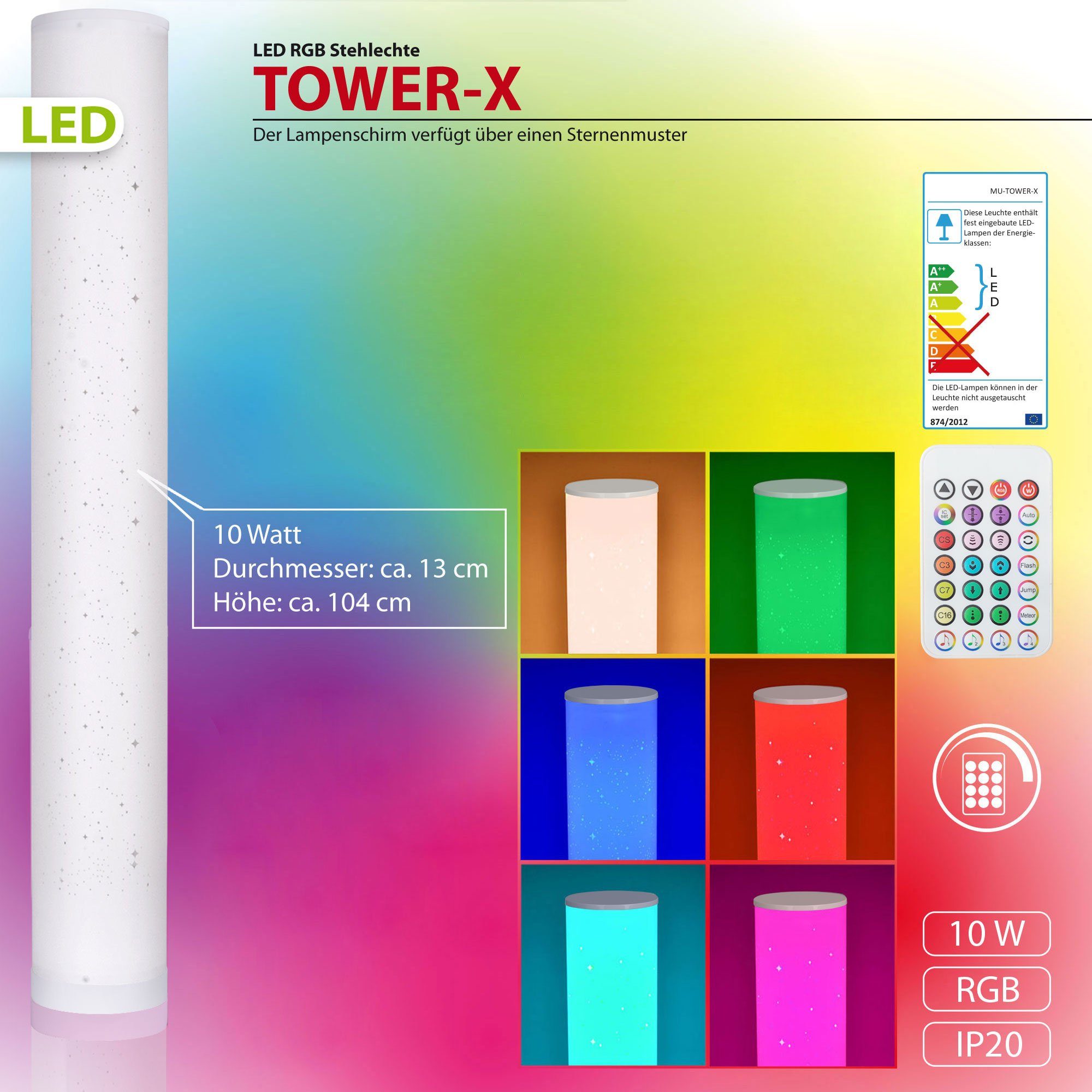 LED DIY, Corner, LED Stehlampe Maxkomfort Farbwechsler, Farbwechsel, Farbig, Sync, Lichtsäule, fest integriert, Dimmbar, RGB, Eckleuchte, Fernbedienung RGB, Stehleuchte, Tower-X, Music LED,