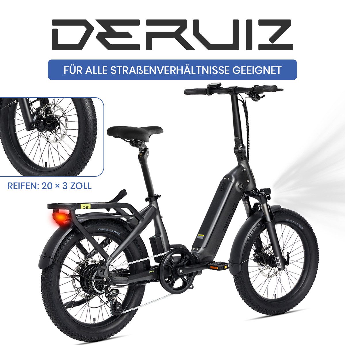 DERUIZ E-Bike Faltrad 20 Zoll, max. 140km, Federsattelstütze, mit Bluetooth, 5 Stufen, 8 Gang SHIMANO SHIMANO ALTUS 11-32T Schaltwerk, Kettenschaltung, Heckmotor, 500 Wh, (mit Akku-Ladegerät, mit Werkzeug), RH:36cm, Bremslicht, Gepäckträger (max.50kg), hydraulische Bremsen