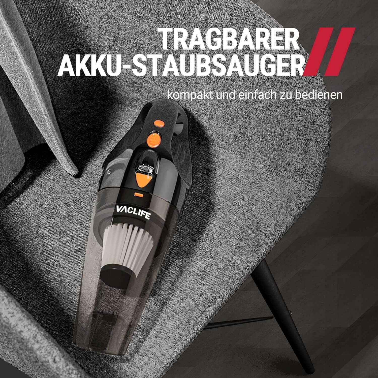 Vivitar Akku-Handstaubsauger Kabellos & Tragbar + eingebaute LED-Licht + professionelle Aufsätze, 100,00 W, Beutellos mit HEPA-Filter, 4.5 Kpa Saugkraft, 20min Akkulaufzeit, Maße: 37,6 x 13,2 x 11,1 cm