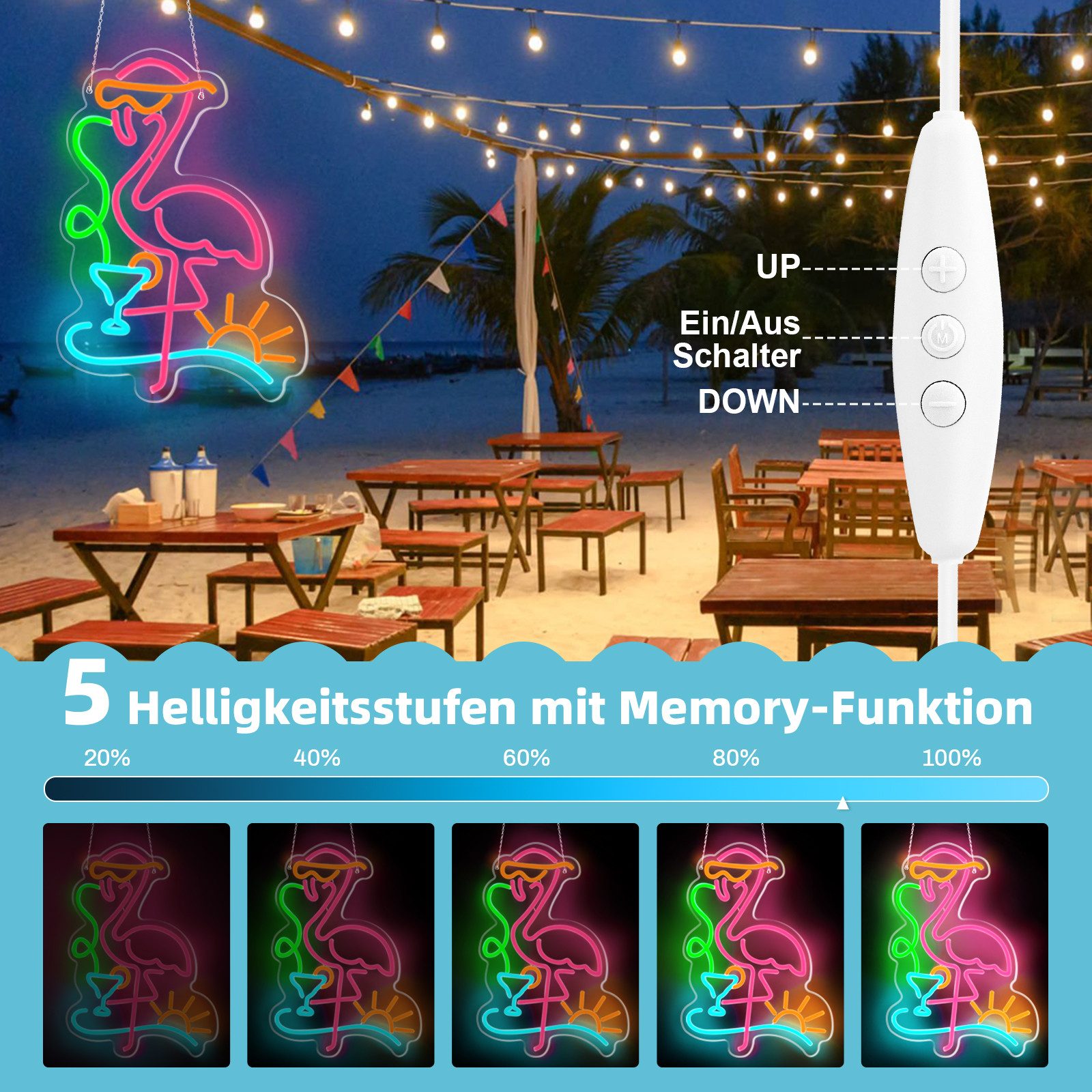 MUPOO LED Dekolicht LED Flamingo Neonschild dimmbar,Rosa Flamingo Cocktails Neon Schilder, 5 Helligkeitsstufen + Batterie Box, Tropisches LED-Neonlicht, 5 Helligkeitsstufen,mit Batterie Box