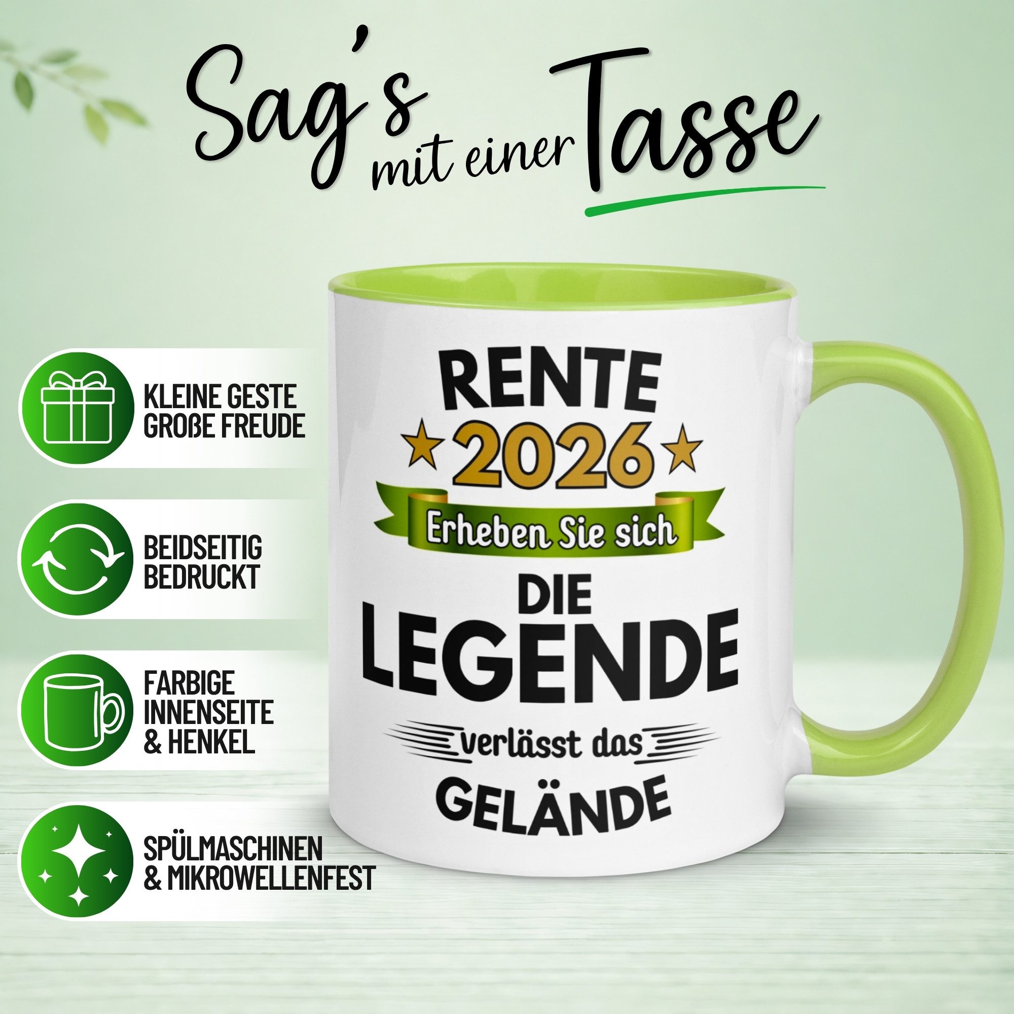 Momentals Tasse Rente – „Die Legende verlässt das Gelände“ – Geschenk zum Rentenbeginn, Gratis Versand · Links-&Rechtshänder · Spülmaschinenfest