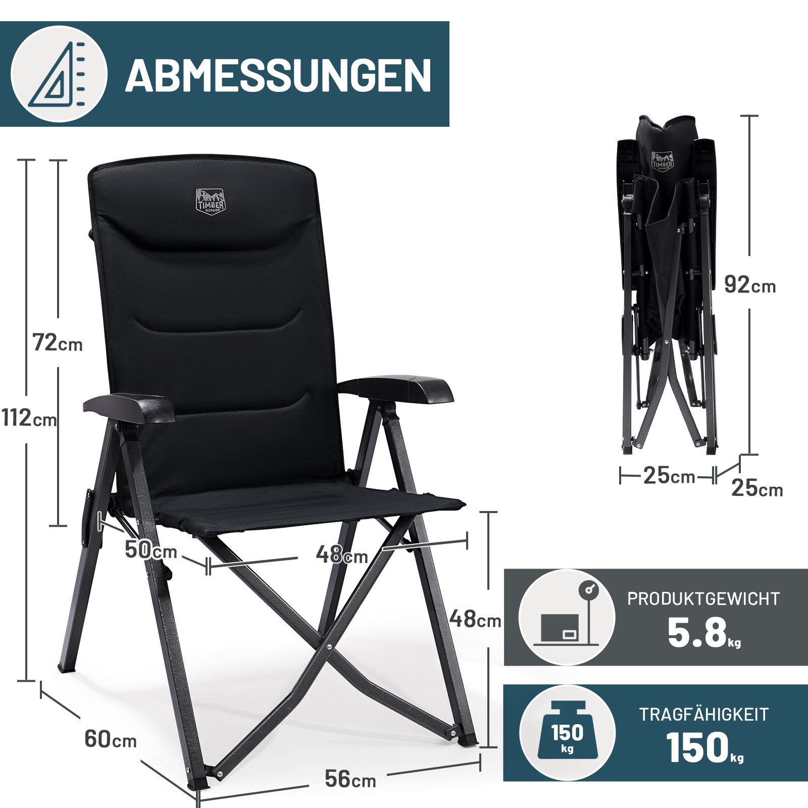 TIMBER RIDGE Campingstuhl Klappstuhl, faltbarer Stuhl mit hoher Lehne und Packmaß (2 St), mit 4-fach verstellbarer Rückenlehne und hochbelastbarem Gestell – Bild 4 von 5