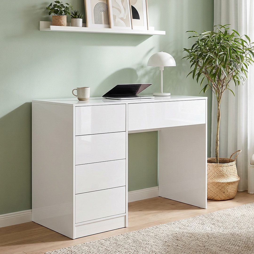 Bellamio Schreibtisch Livny mit 5 Schubladen beidseitig montierbar (Push-To-Open, weiß), 80x53x110 cm, auch verfügbar mit Spiegel