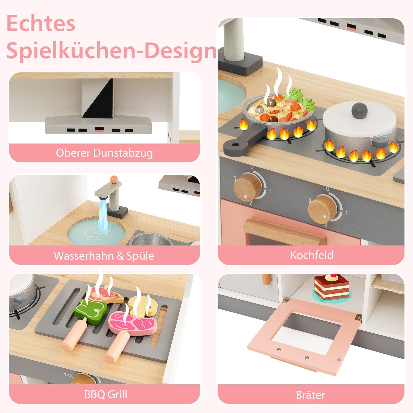 COSTWAY Spielküche Kinderküche, aus Holz, mit Zubehör & Grill