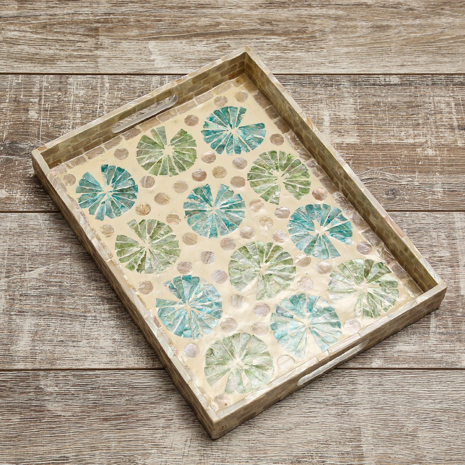 MARELIDA Dekotablett Tablett Dekotablett mediterran Perlmutt-Schimmer Serviertablett Blumen