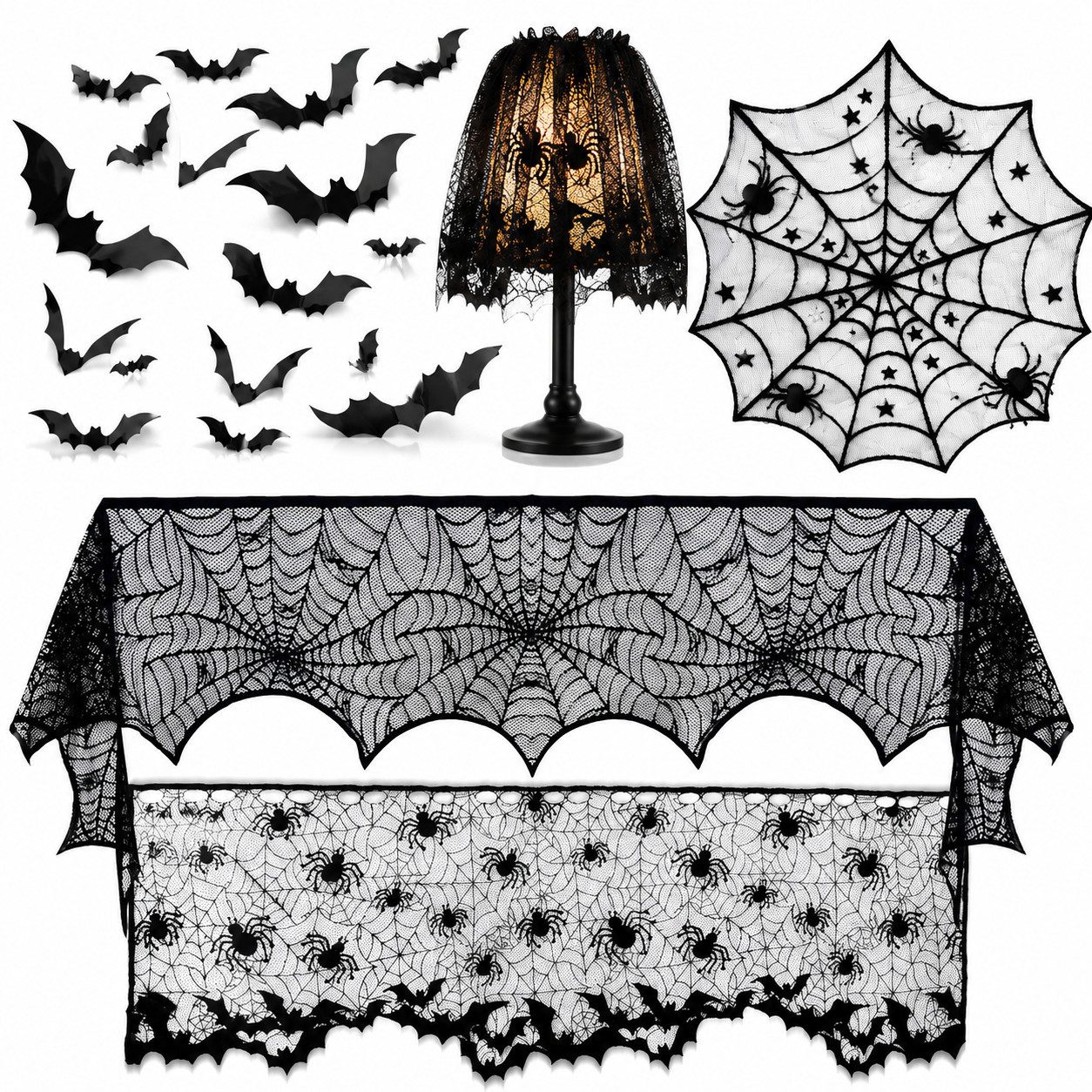 VEKROBOT Tischläufer Halloween Spinnennetz Deko Tischdecke Kaminumhang mit 3D Fledermäusen (Set 1-tlg, 4-teiliges Fledermaus-Set + 36 Fledermaus-Aufkleber – Halloween-Deko), Halloween-Deko – für coole, gruselige Party-Atmosphäre