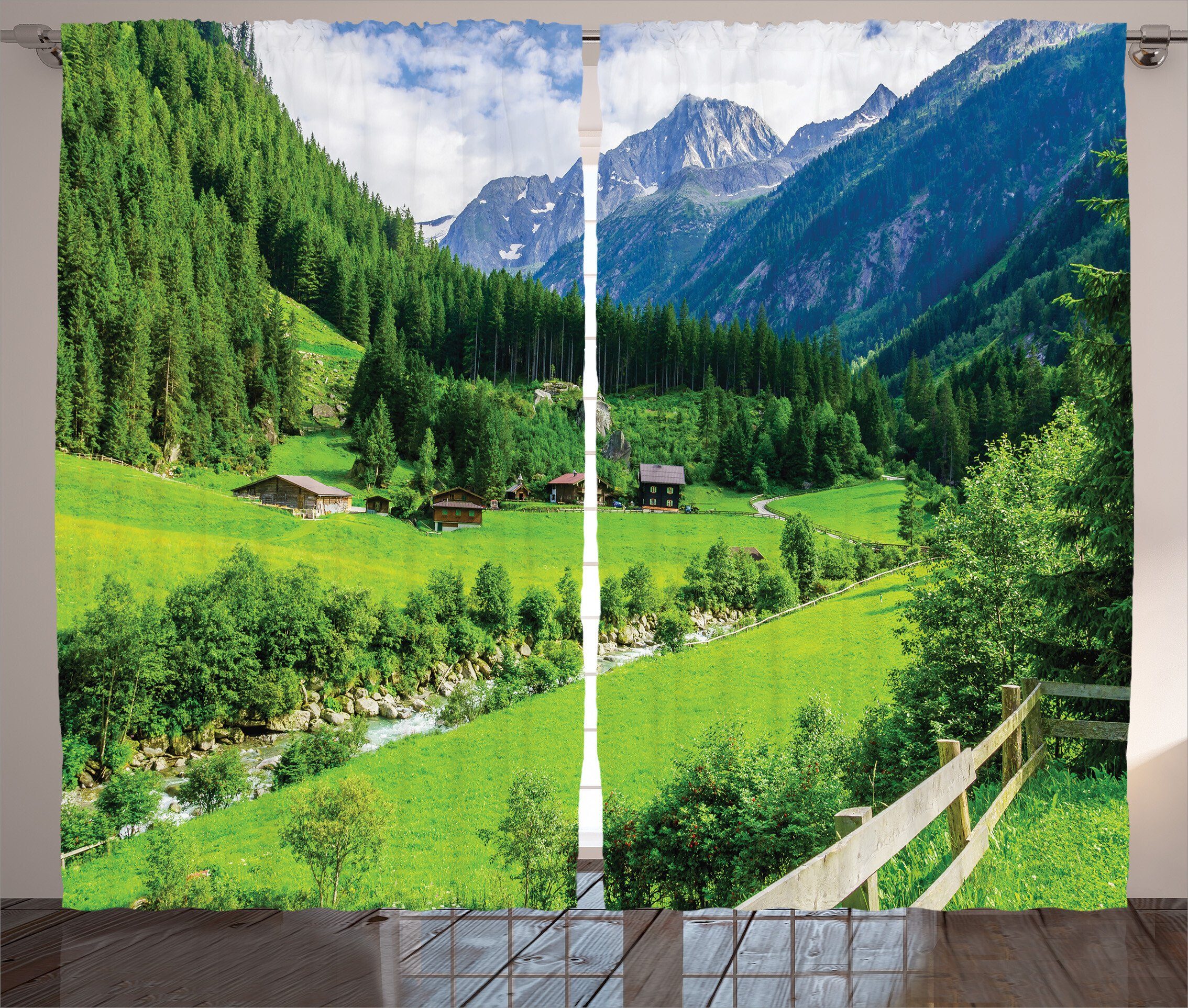 Gardine Schlafzimmer Kräuselband Vorhang mit Schlaufen und Haken, Abakuhaus, Natur Alpine Landschaft Pastoral