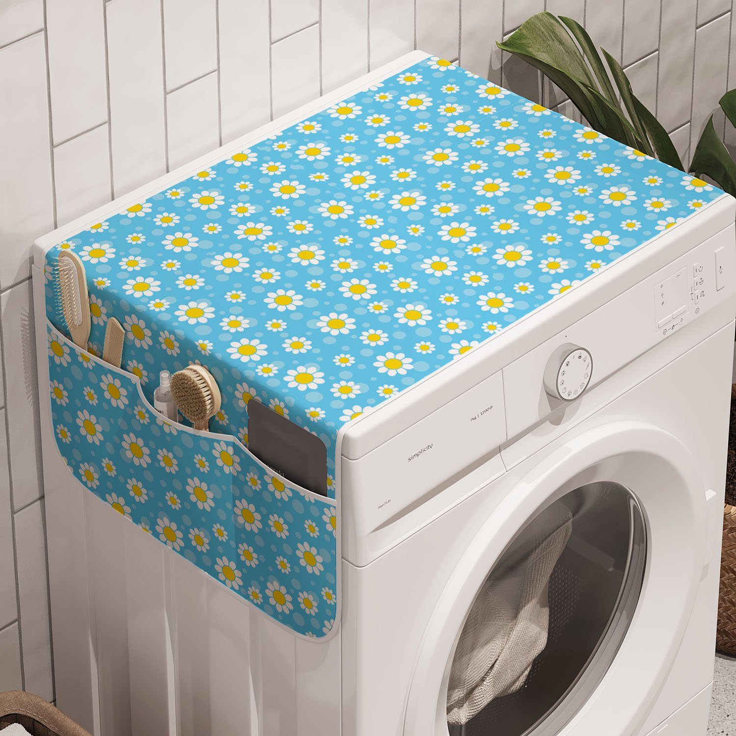 Abakuhaus Badorganizer Anti-Rutsch-Stoffabdeckung für Waschmaschine und Trockner, Gelb und Blau Kamillen-Dots