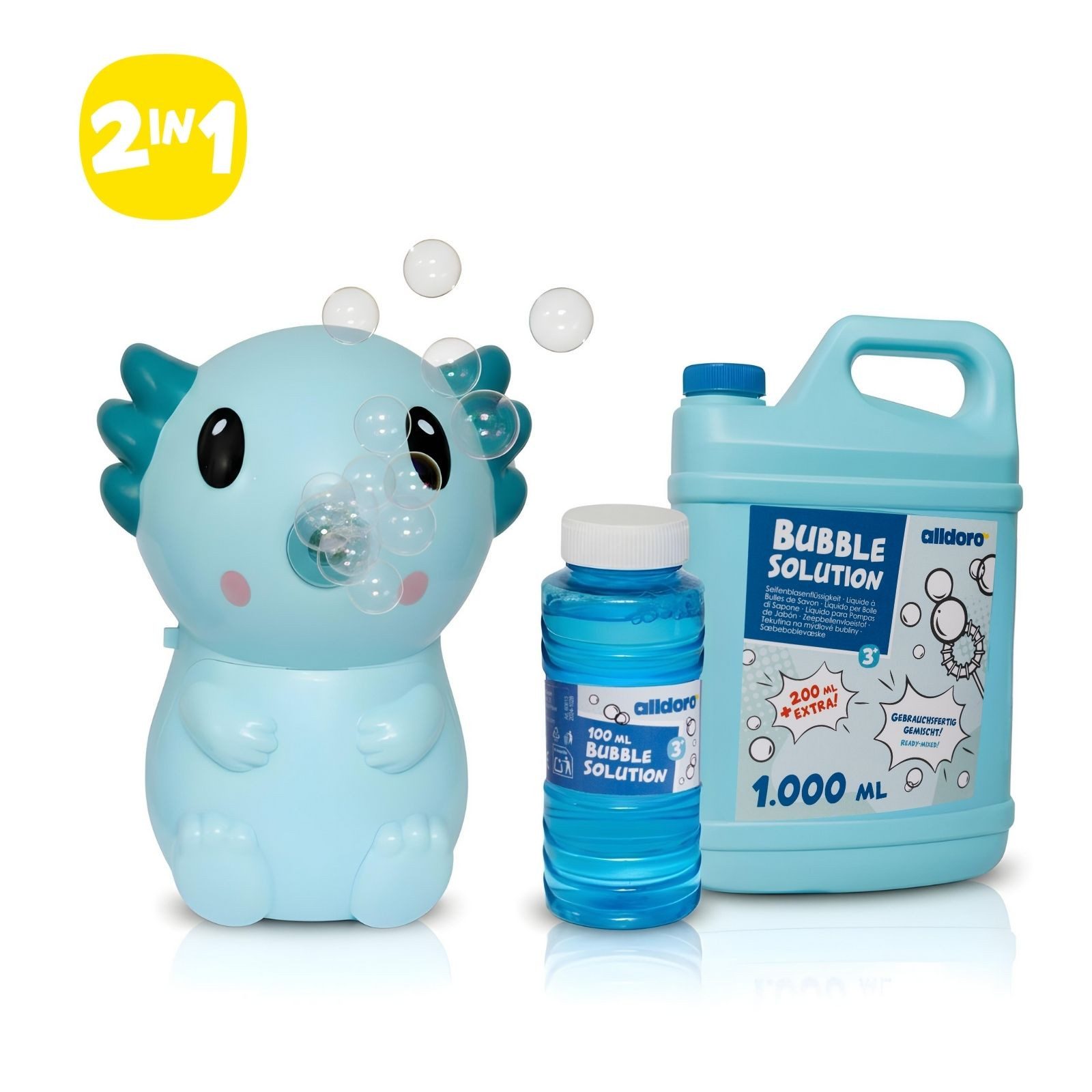 alldoro Seifenblasenmaschine 2 in 1 Set: Axolotl-Seifenblasenmaschine mit 1,2 L Nachfüllkanister, kleine, elektrische Seifenblasenmaschine für Kinder ab 3 Jahre