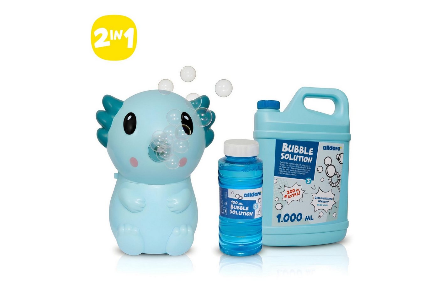 alldoro Seifenblasenmaschine 2 in 1 Set: Axolotl-Seifenblasenmaschine mit 1,2 L Nachfüllkanister, kleine, elektrische Seifenblasenmaschine für Kinder ab 3 Jahre