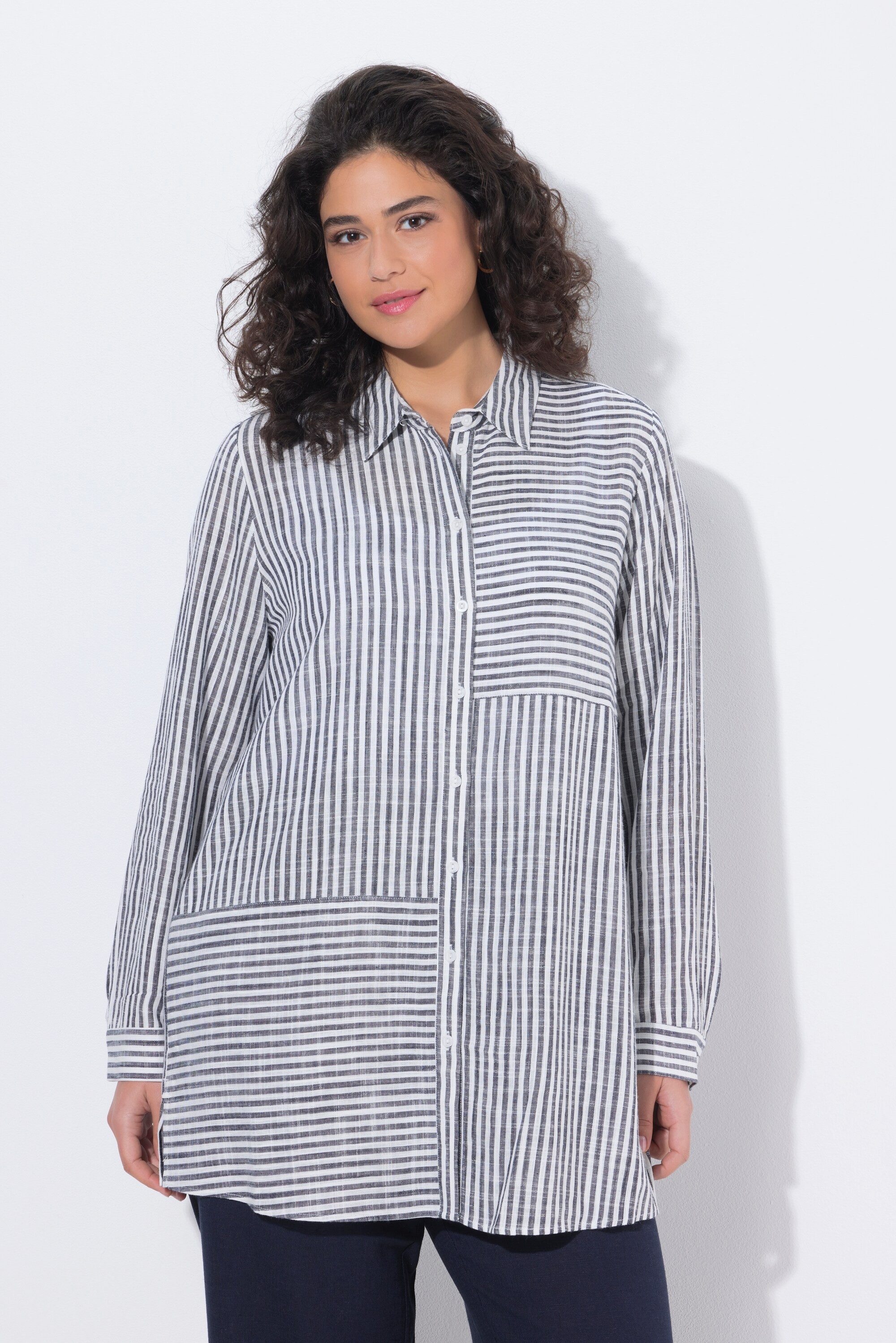Ulla Popken Satinbluse Bluse Leinenmix Patchmuster Hemdkragen Langarm