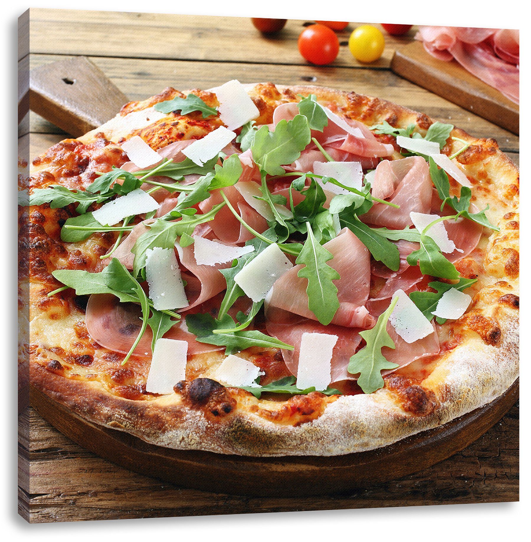 Pixxprint Leinwandbild Prosciutto Pizza auf Holztisch, günstig online kaufen