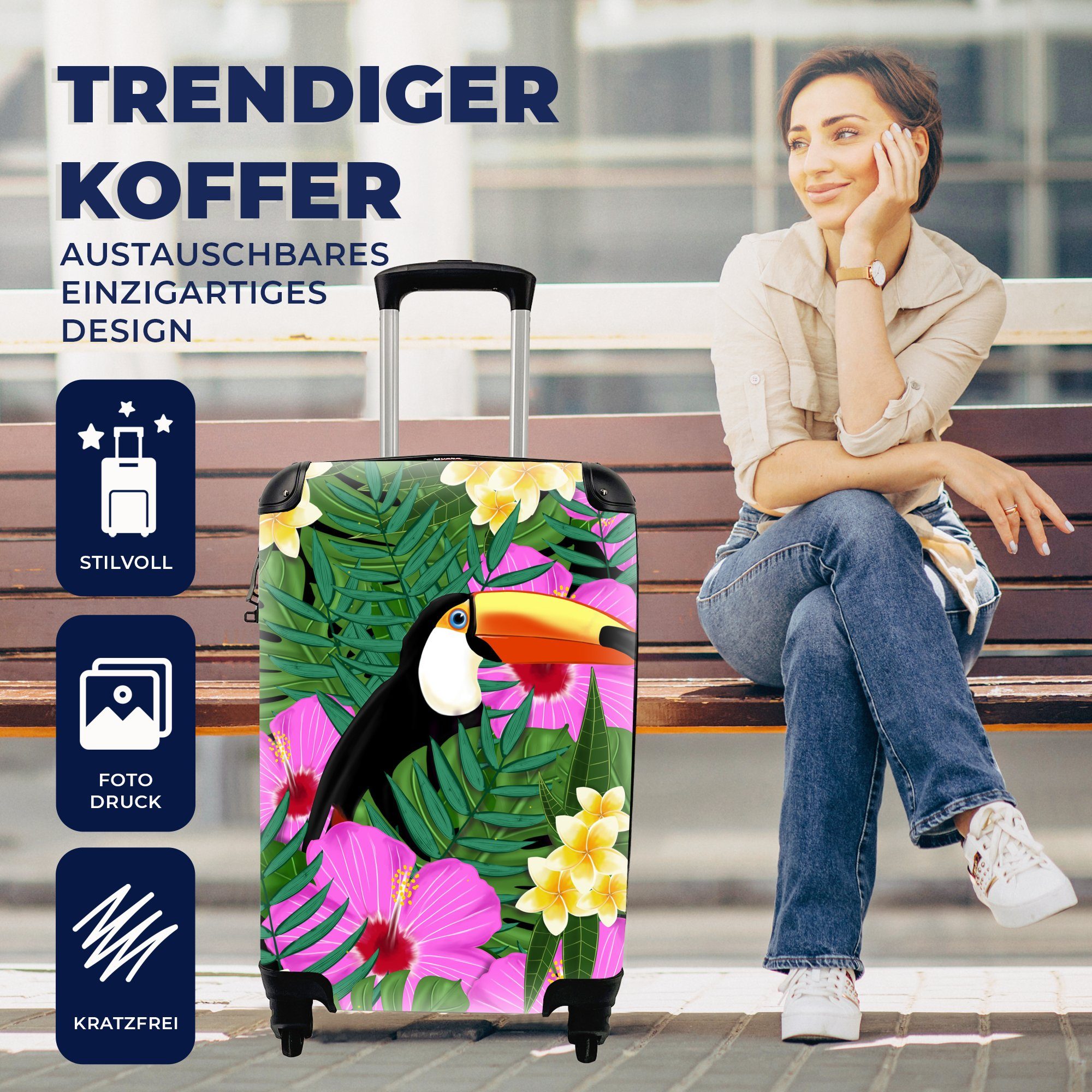 MuchoWow Handgepäckkoffer Reisetasche Tukan, Frühling Rollen, für mit Illustration 4 Reisekoffer Ferien, Trolley, rollen, Handgepäck