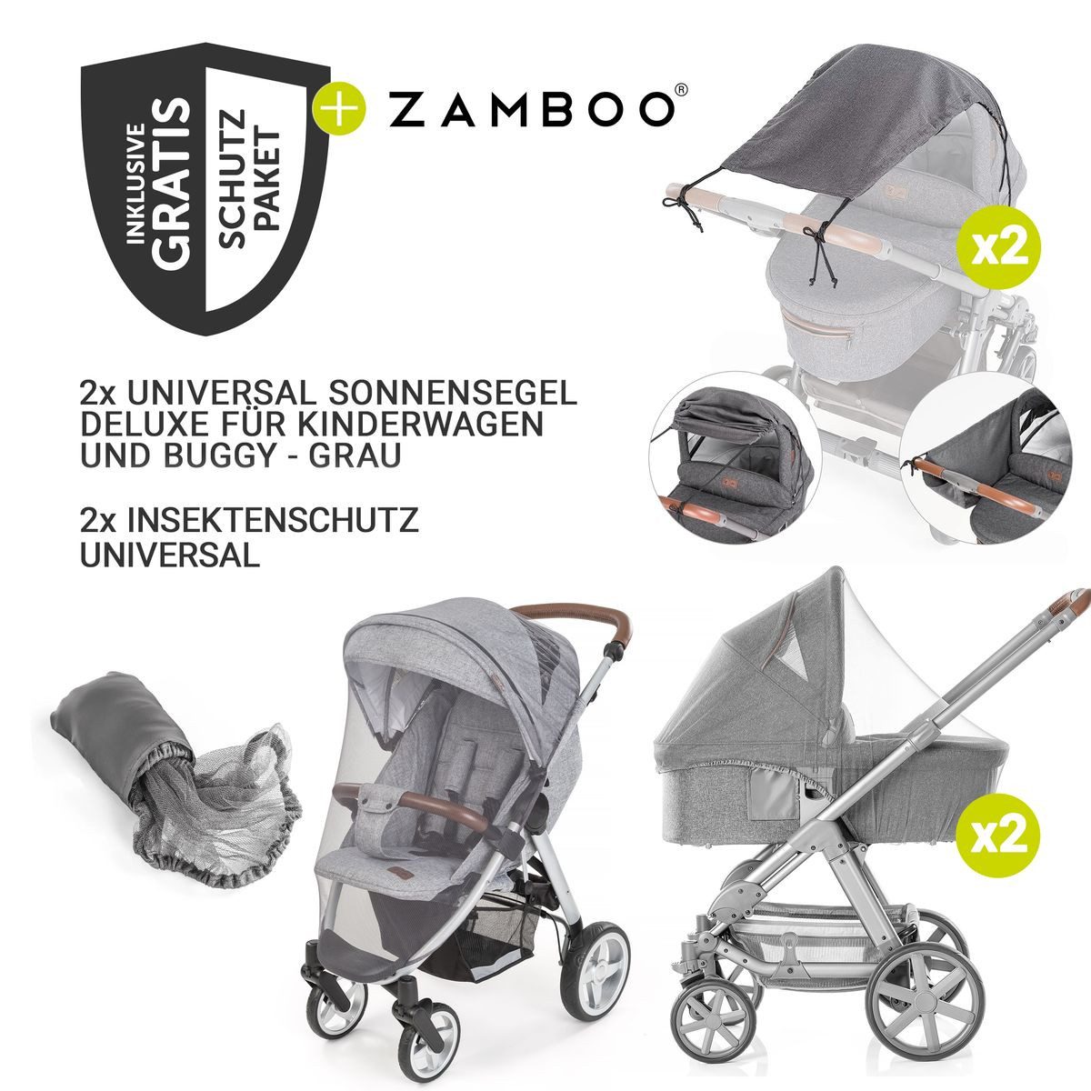 Hauck Zwillingsbuggy Atlantic Twin - Melange Grey, Zwillingskinderwagen ab Geburt bis 36 kg Babywanne umbaubar & Zubehör
