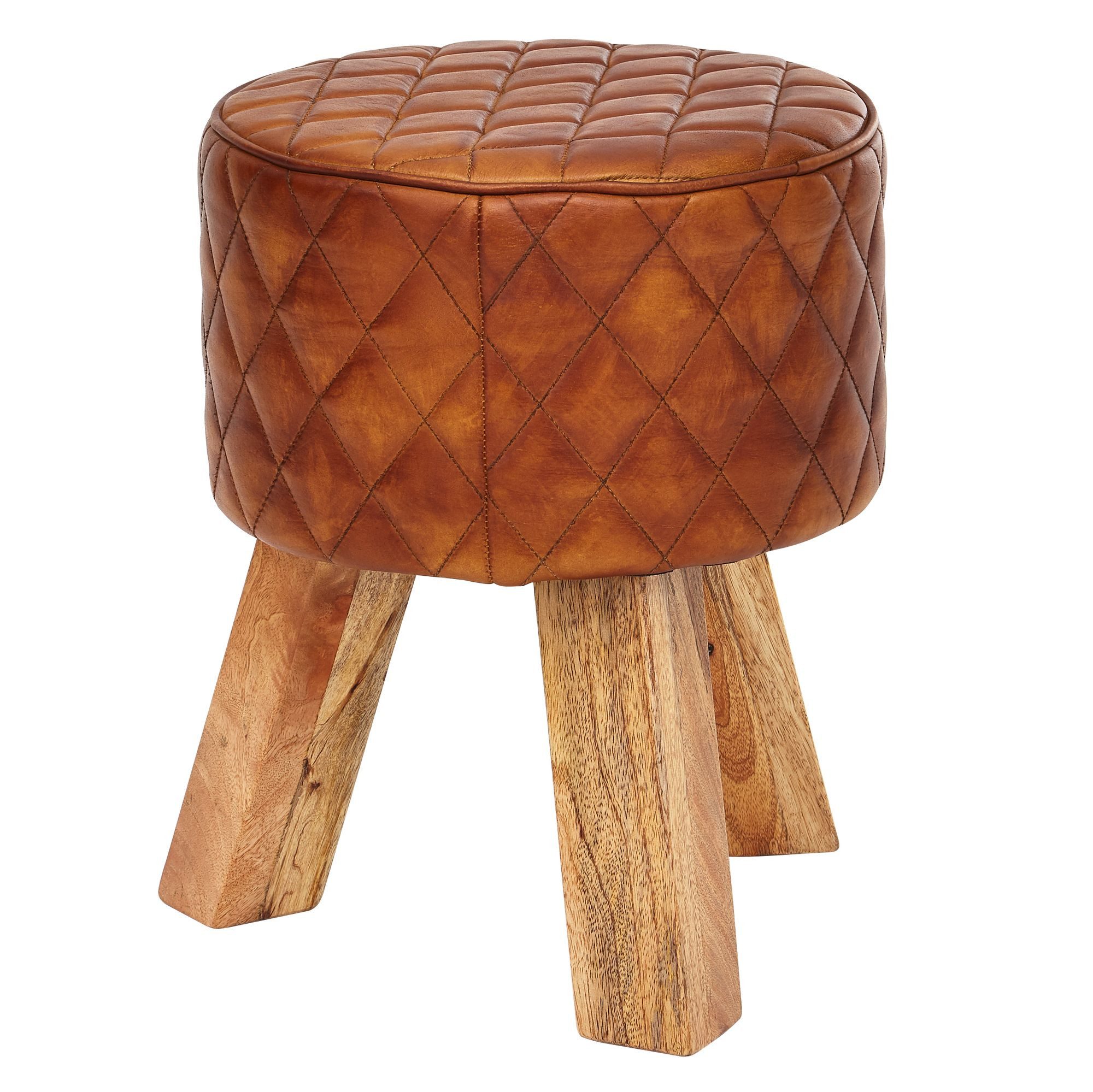 Wohnling Sitzhocker WL6.090 (Echtleder / Massivholz 35x46x35 cm, Hocker Rund), Dekohocker Braun Modern, Lederhocker Gepolstert