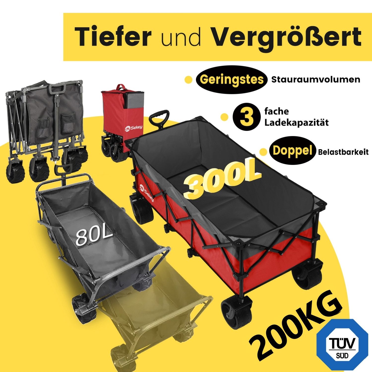Sekey Bollerwagen Faltbar Handwagen Klappbar Transportwagen XXXL Superlang, 300L, 200KG, Alle-Terrain Reifen, Ultrakompakt Faltbar & mit Bremsen
